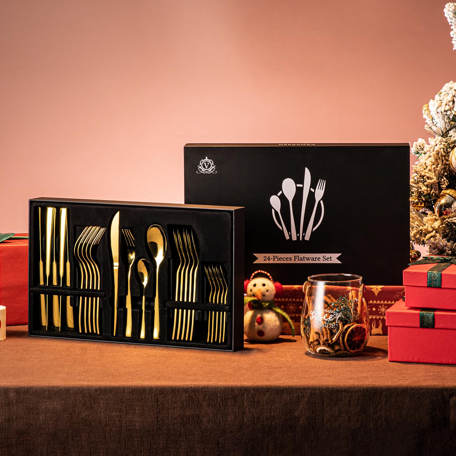 Vancasso - Cubiertos de mesa para 6 personas, 24 piezas, de acero inoxidable, incluye 1 cuchillo, 1 tenedor, 2 cucharas, para la familia, el restaurante, oro