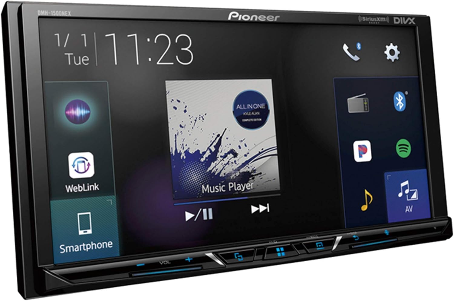 Pioneer DMH-1500NEX Digital Media Receiver displaying a music player interface with WebLink and Smartphone icons on the left.