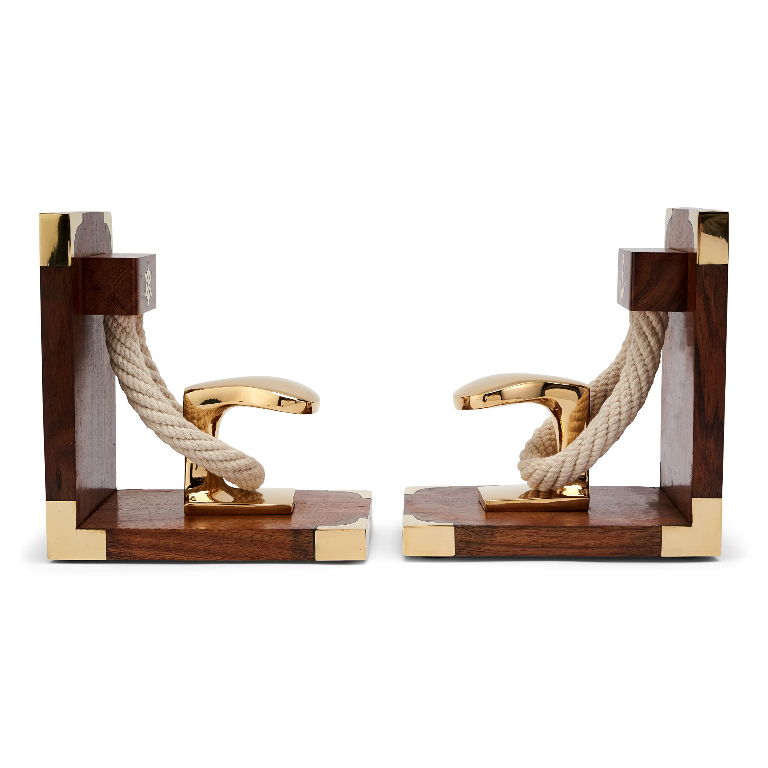 NKlaus 11527 Bookends with Bollard & Rope Wood Brass 31 x 16 x 9.5 cm Robust Book Holder with Maritime Flair for Your Bookshelf 1 Pair - Image 2