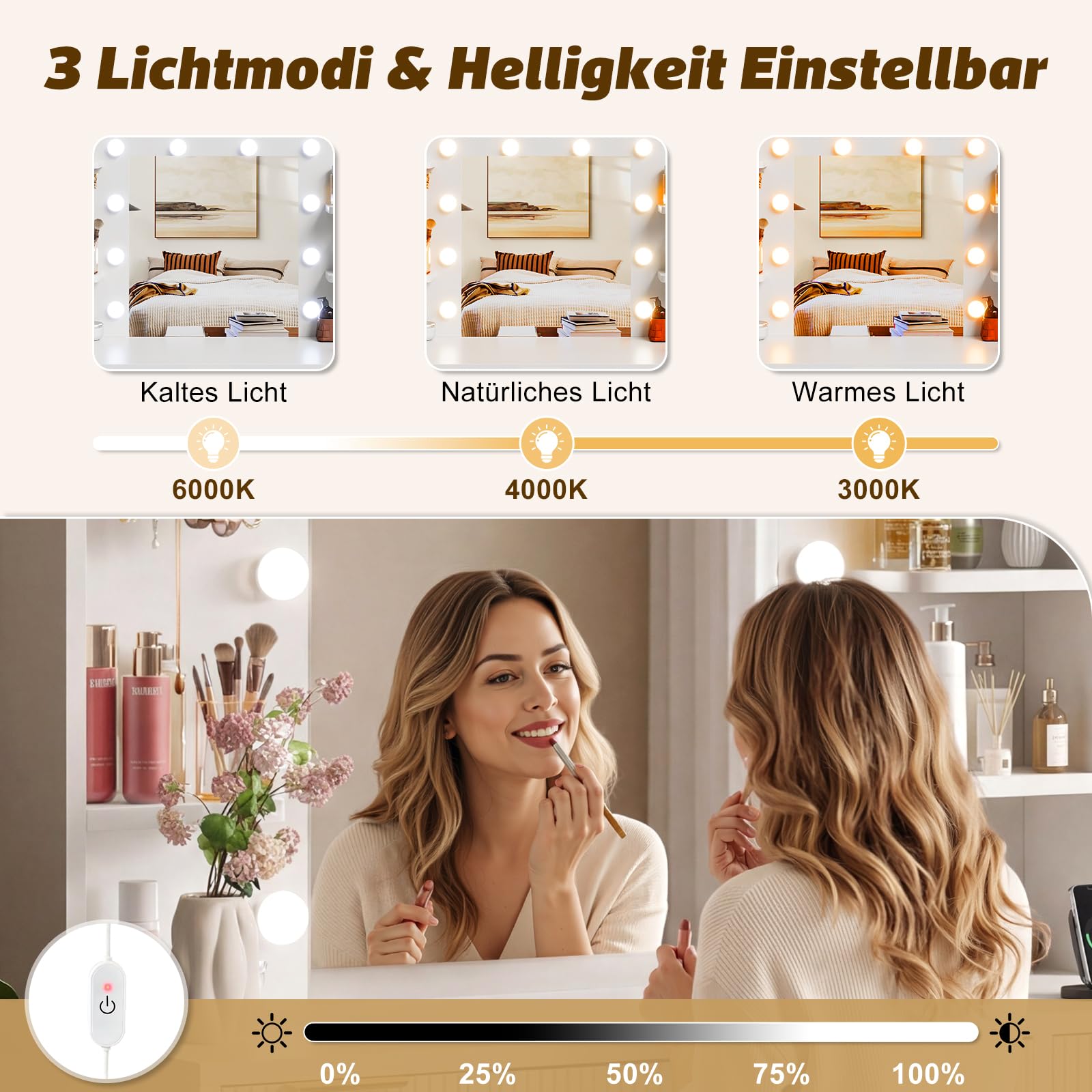 Devoko Moderner Schminktisch mit Beleuchtung & Steckdose – Großer Frisiertisch mit Spiegel, 9 Schubladen, Vanity Desk mit Haartrocknerhalterung, Make-up Tisch, Weiß