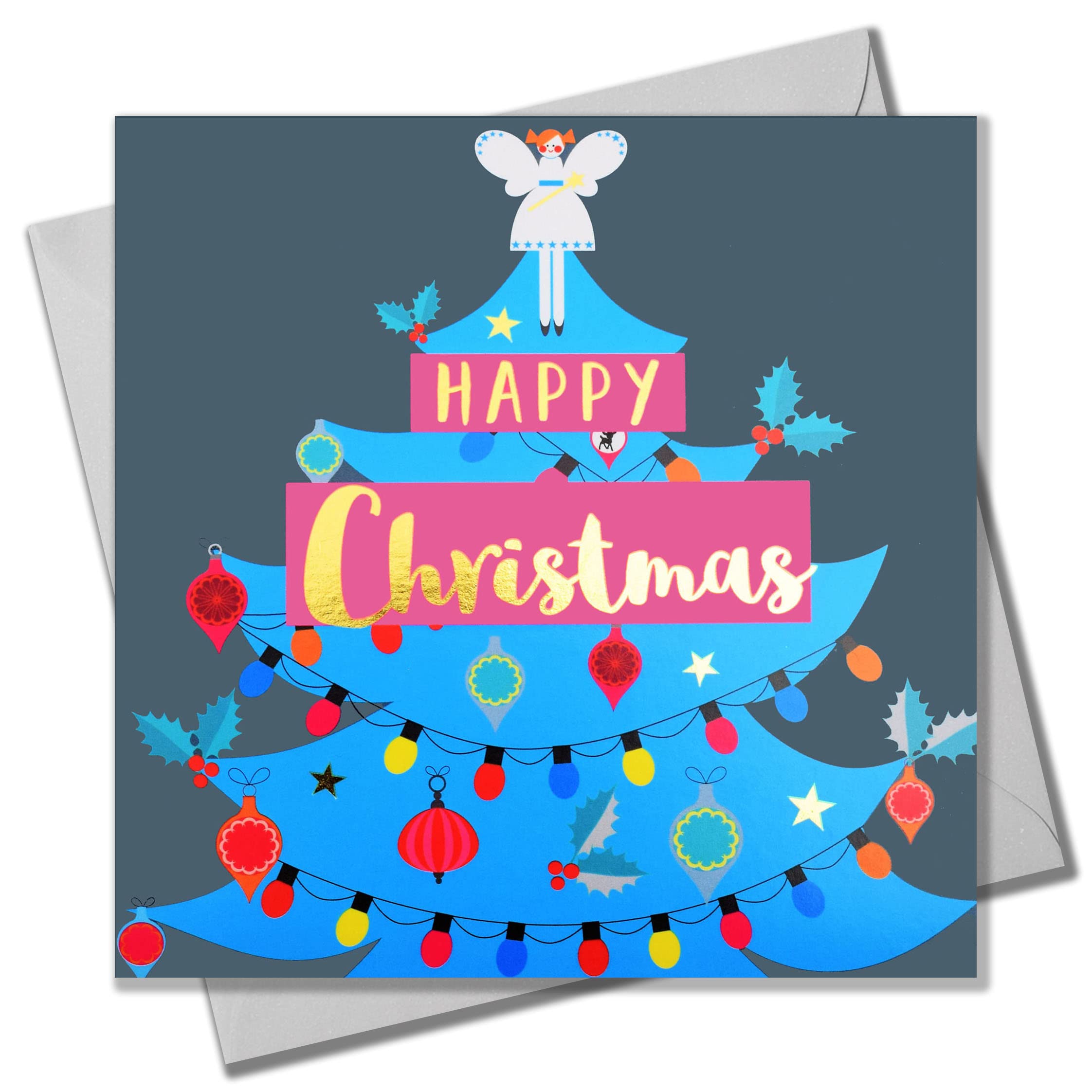 Claire Giles Greeting Cards, Happy Christmas Card, Fairy on a blue Tree design xmas Card, Text Foiled in Shiny Gold