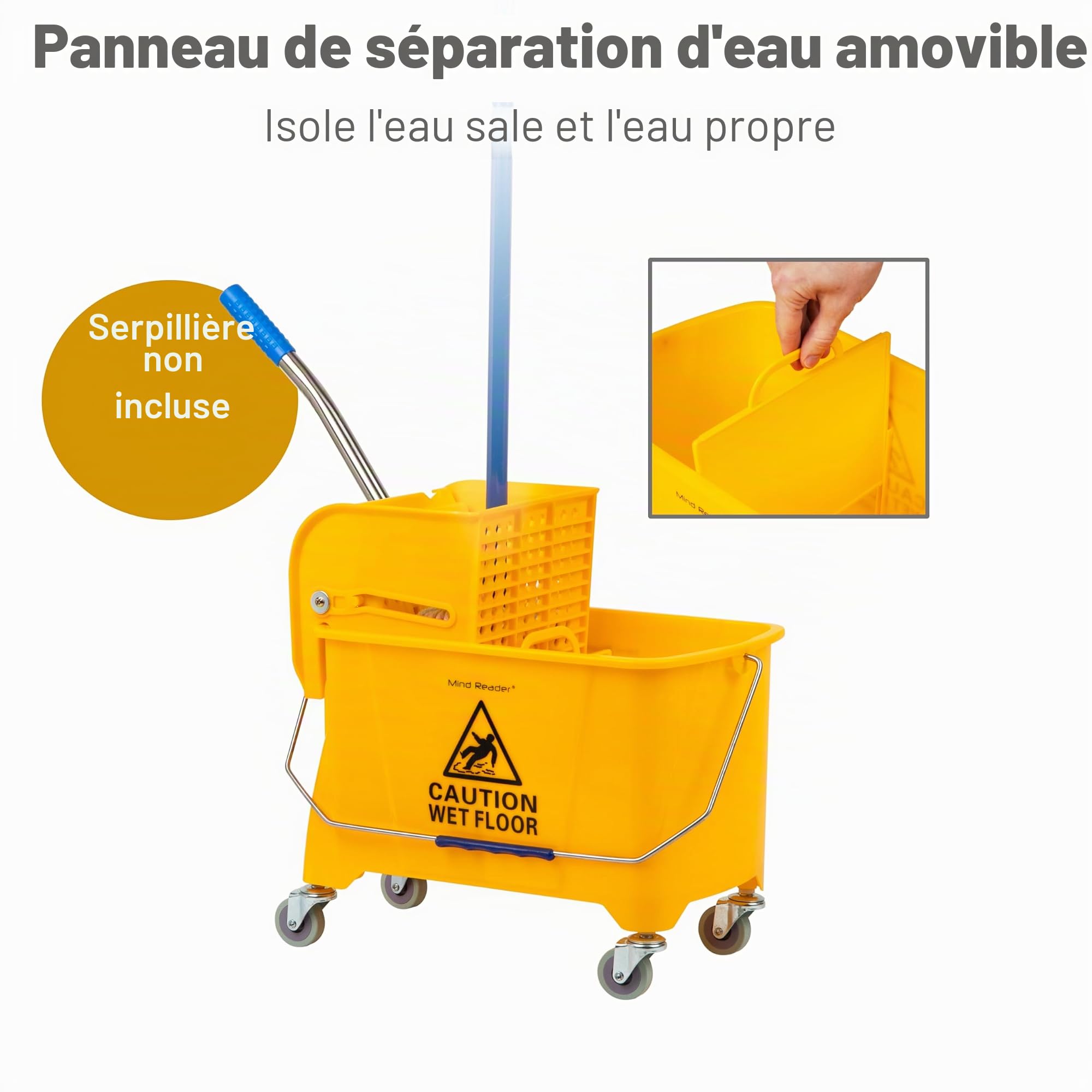 Mind Reader Seau à Franges Mobile Robuste avec essoreur vers Le Haut, capacité de 22 litres, 41 x 27 x 62 cm (L x l x H), Jaune