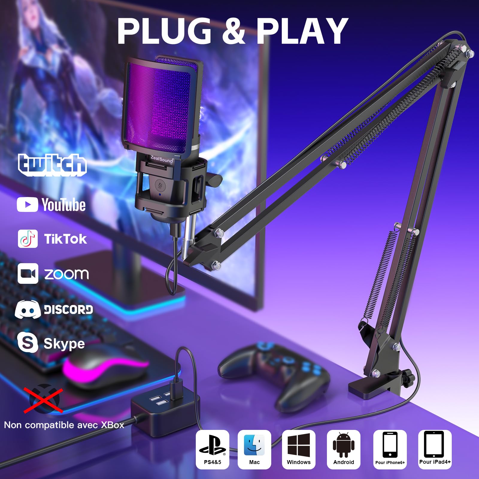 zealsound Micro Gaming pour PC Telephone iPhone, avec RGB et Sourdine, Adaptateur USB-C & Lightning, Trépied & Bras, Prise 3,5 mm, Microphone USB à Condensateur pour Podcast Streaming Twitch Youtube