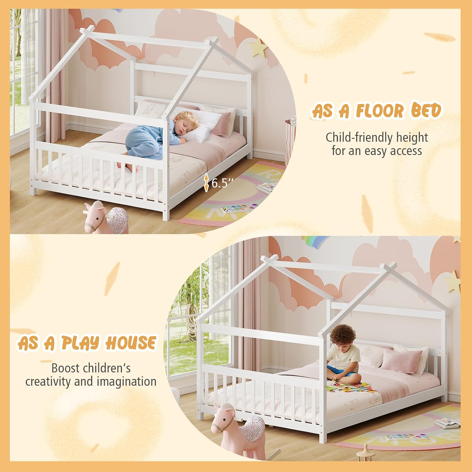 GORELAX Full Bed Frame, Low Floor Kid House Bed with Roof, Montessori Floor Bed, Headboard & Footboard, No Box Spring Needed, Wood Full Size Platform Bed Frame for Boys, Girls (White, Full)