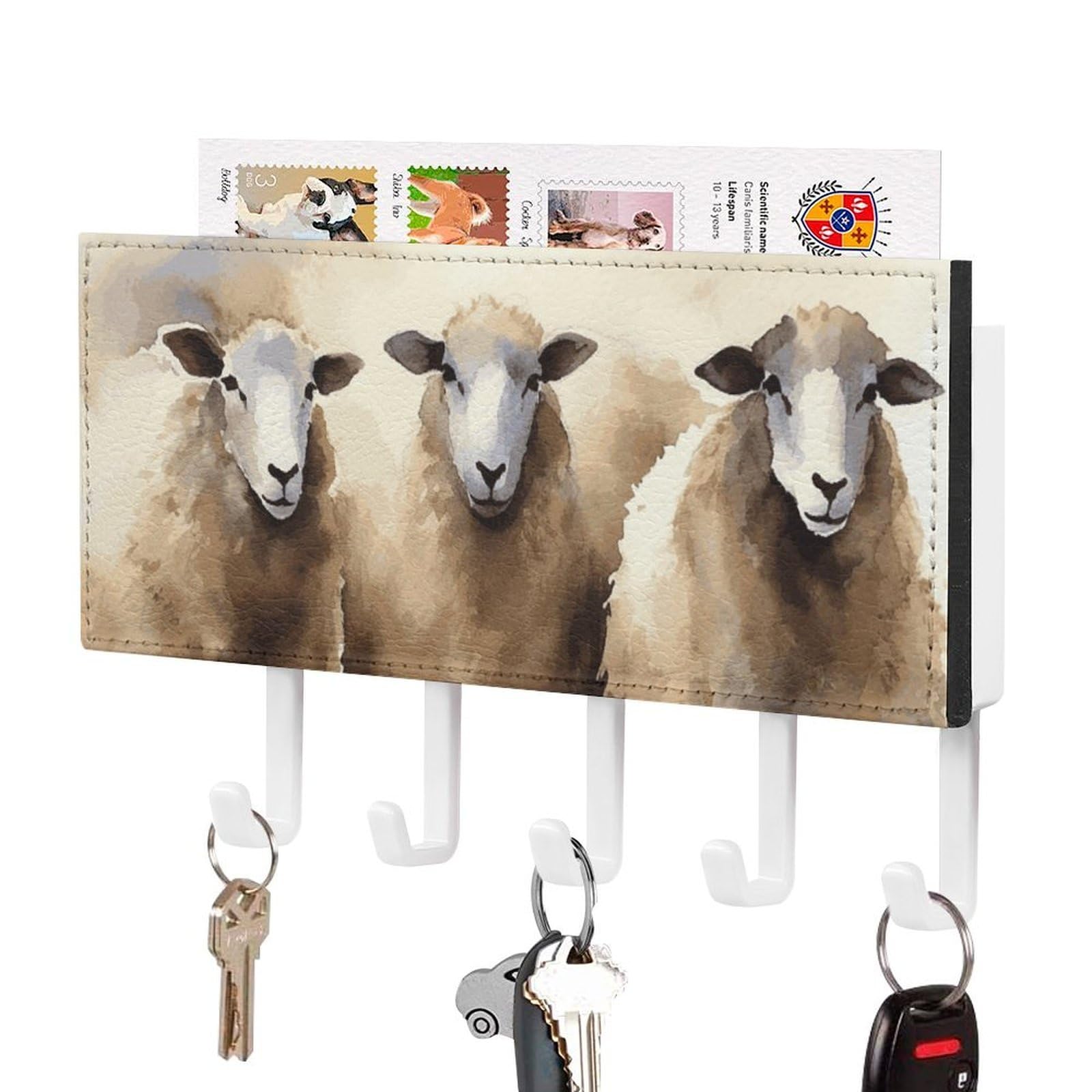 DWVTSLH Sheeps Watercolor Key Holder for Wall, Decorative Key Hooks with Mail Organizer & 5 Hooks, Self Adhesive Leather Key Hanger for Entryway, Wall Mounted Key Rack (7.1” X 4.3” X 0.9”)