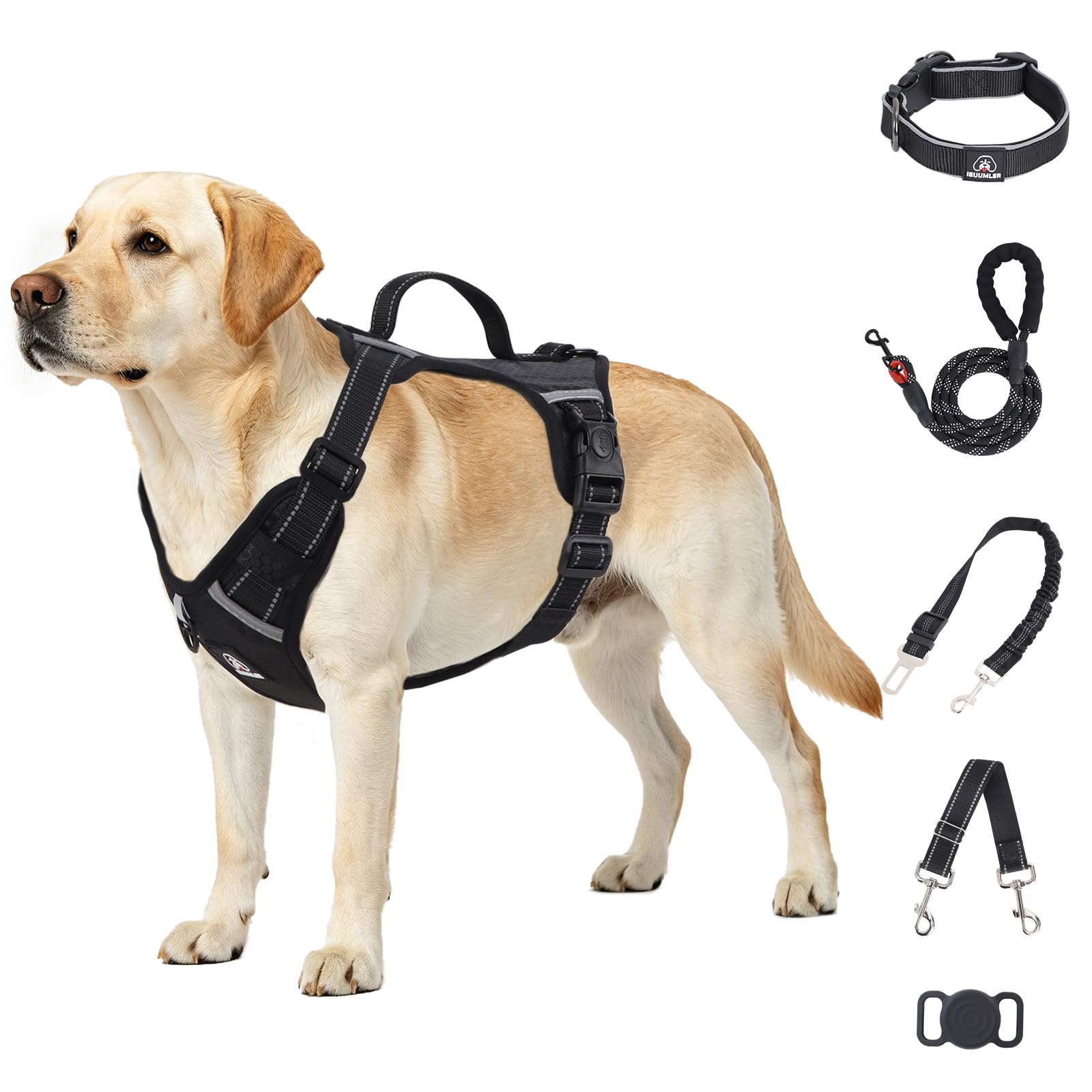 IEUUMLER No Pull Dog Harness, Reflective Front Clip Vest with Leash,Safety Belt and Backup Safety Strap, Adjustable Easy Control Handle,Air Tag Dog Collar for Small Medium Large Dogs EU021 (Black, M)