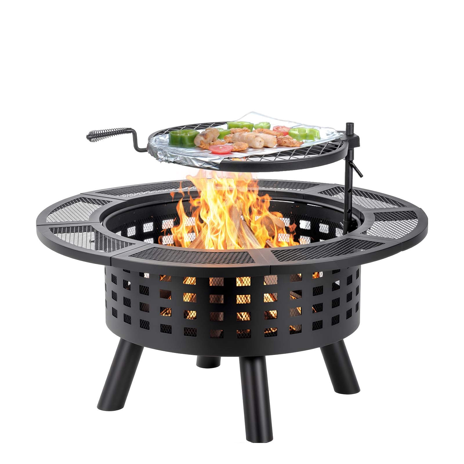 36 inch Outdoor Fire Pit with Grill,Wood Burning Firepits for Outside with Lid & Fire Poker,Metal 3-in-1 Fire Pit Table with Cooking Grate,Outdoor Fireplaces for Bonfire,Yard,BBQ(Jet Black)