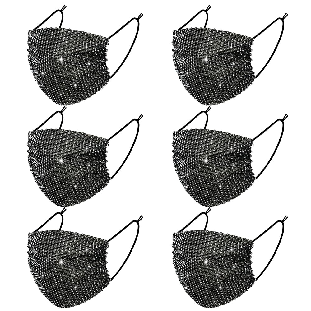 Auriviz 6 Pcs Black Female Gifts Decor Face Cover Rhinestone Mesh Face Mask Sparkly Rhinestone Custom Mask for Women Sequin Glitter Christmas Decoration Halloween Night Club Party Supplies Face Mask