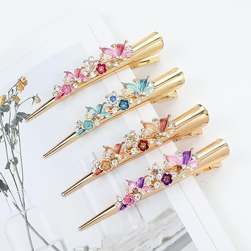 Miniatura 6 de Paquete de 4 pinzas de metal grandes y largas con diamantes de imitación brillantes, flores, mariposa, pico de pato, pasadores, accesorios para