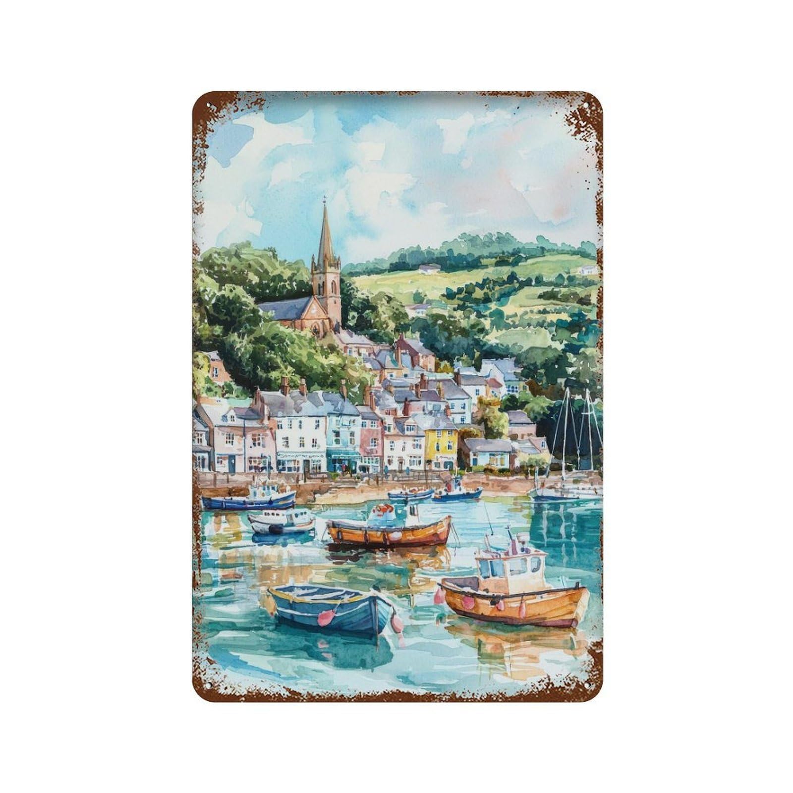 xiaoxiaoshen Fowey Corn UK Coastal English Harbour Seaside Travel Gift Wall Decor Art Metal Tin Poster Modern Home Decor Art Home Bar Shop Decorations Vintage Sign 30x20cm
