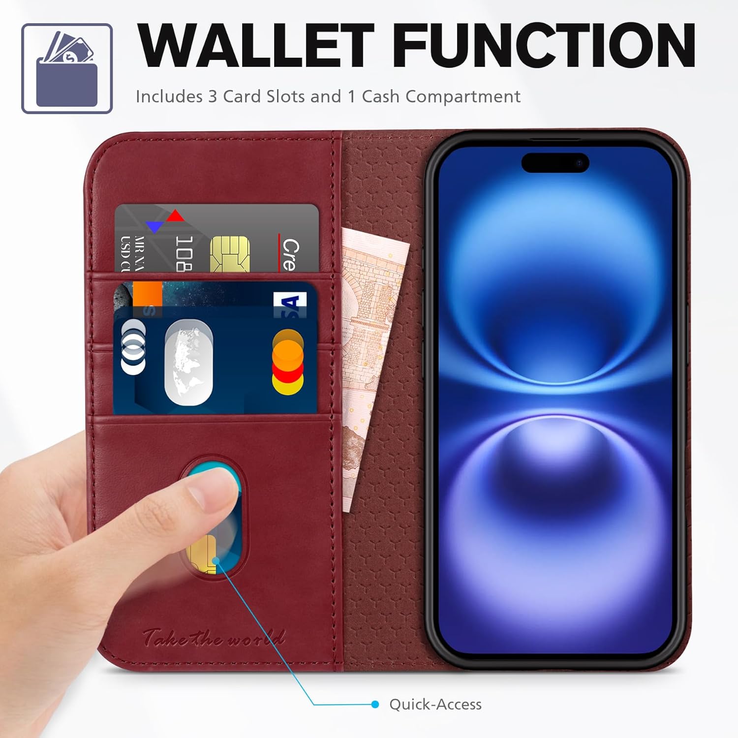 TUCCH Case Wallet for iPhone 16, PU Leather Flip Stand Folio Cover with [RFID Blocking] [3 Credit Card Slot] Shockproof [Soft TPU Interior Shell] Compatible with iPhone 16 2024, Dark Red