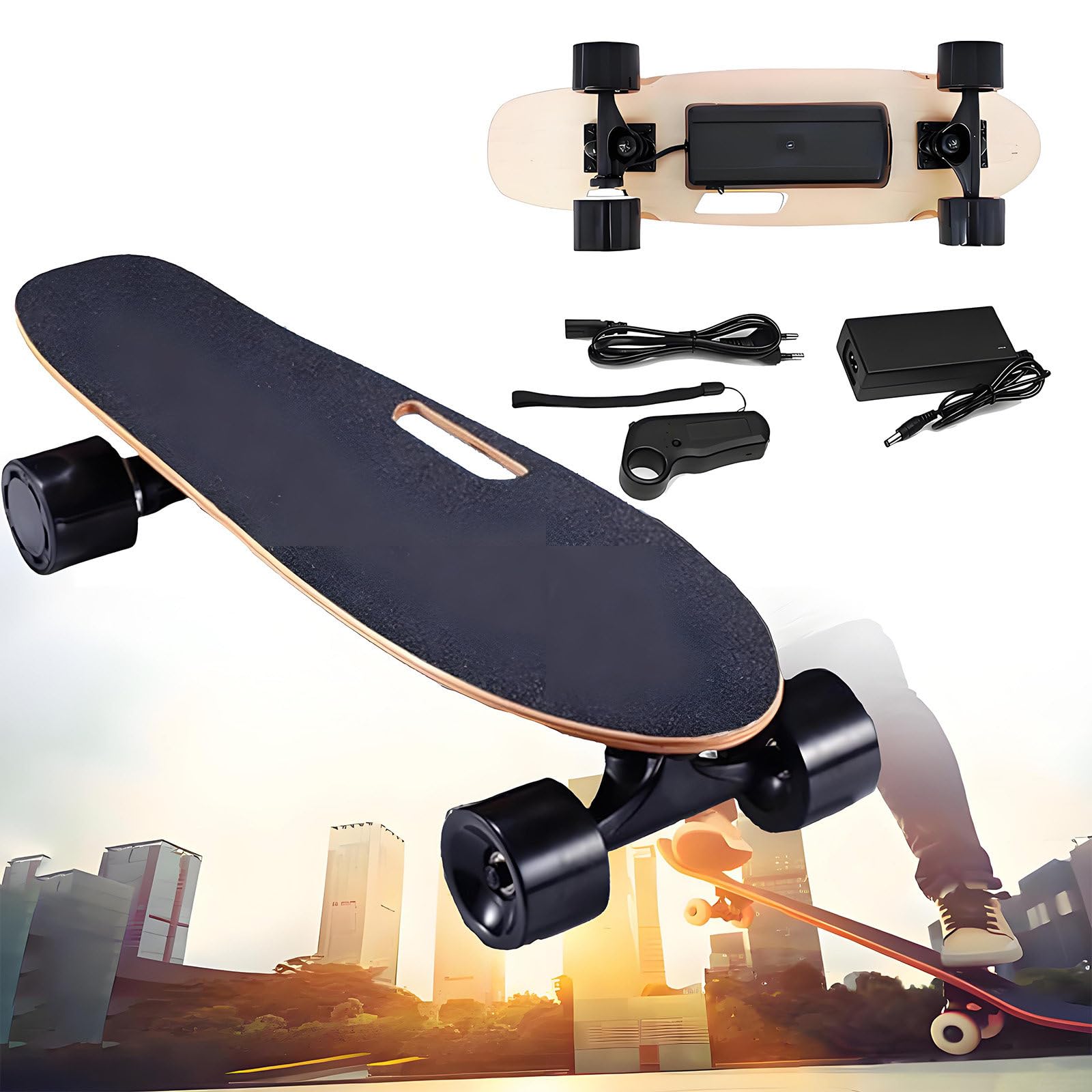 Skateboard électrique 24 km/h, Longboard électrique, autonomie de 13 km, Moteur sans balais 450 W avec télécommande sans Fil, Plateau en érable 7 Plis