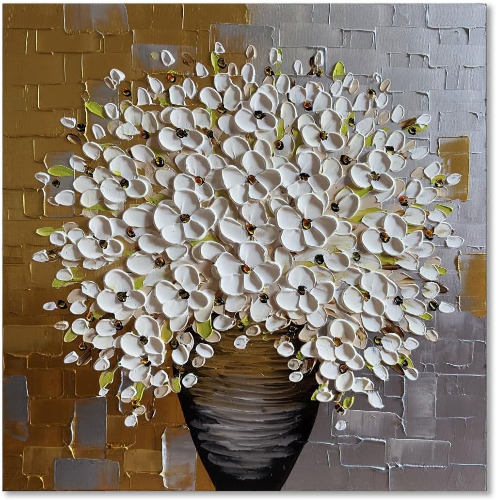 Alenoss Hand Painted 3D Modern Oil Paintings on Canvas Flower Canvas Wall Art Metal Textured Acrylic Painting Floral Artwork Contemporary Art Wall Decor 24x24 Inches AL-C72