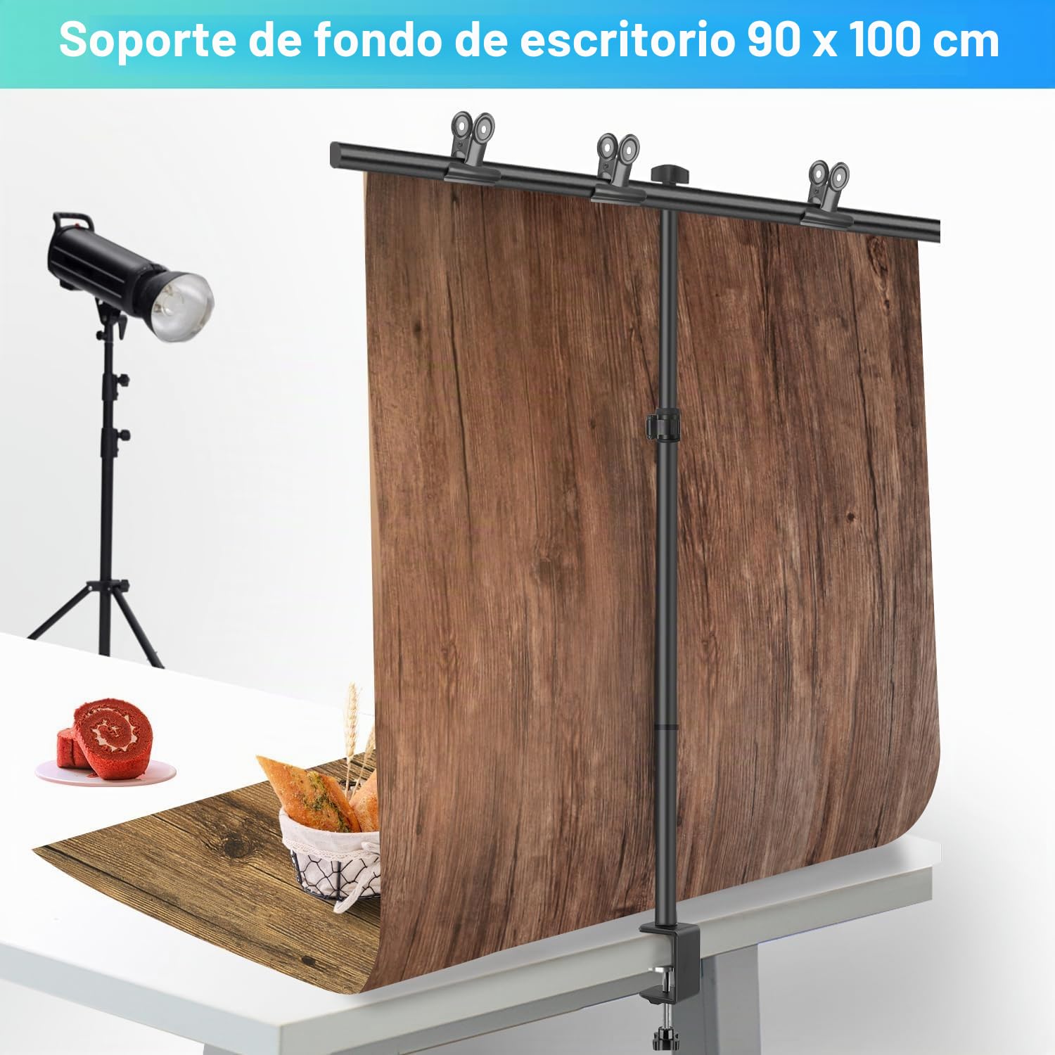 Soporte de Fondo 90x100 cm, 26-90 cm Soporte de Mesa de Altura Regulable con 3 travesaños, 3 Abrazaderas y Abrazadera en C para pancartas de Productos, Fondos de fotografía