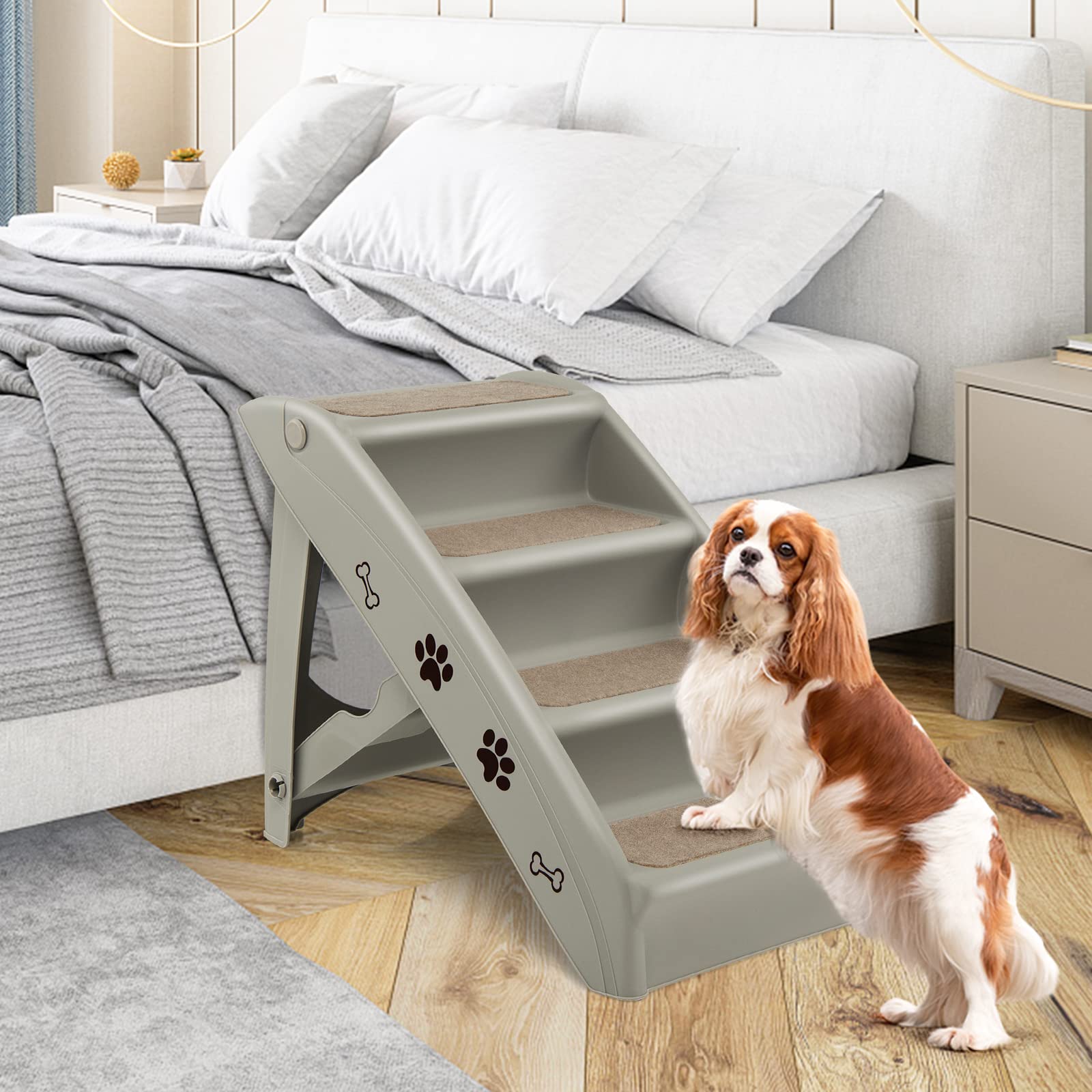 GOPLUS Escalera Plegable para Mascotas con 4 Peldaños, Escalera para Perros de Plástico, Rampa para Mascotas Portátil con Superficie Antideslizante, para Cama Sofá Coche, Carga Máxima 60KG, Gris