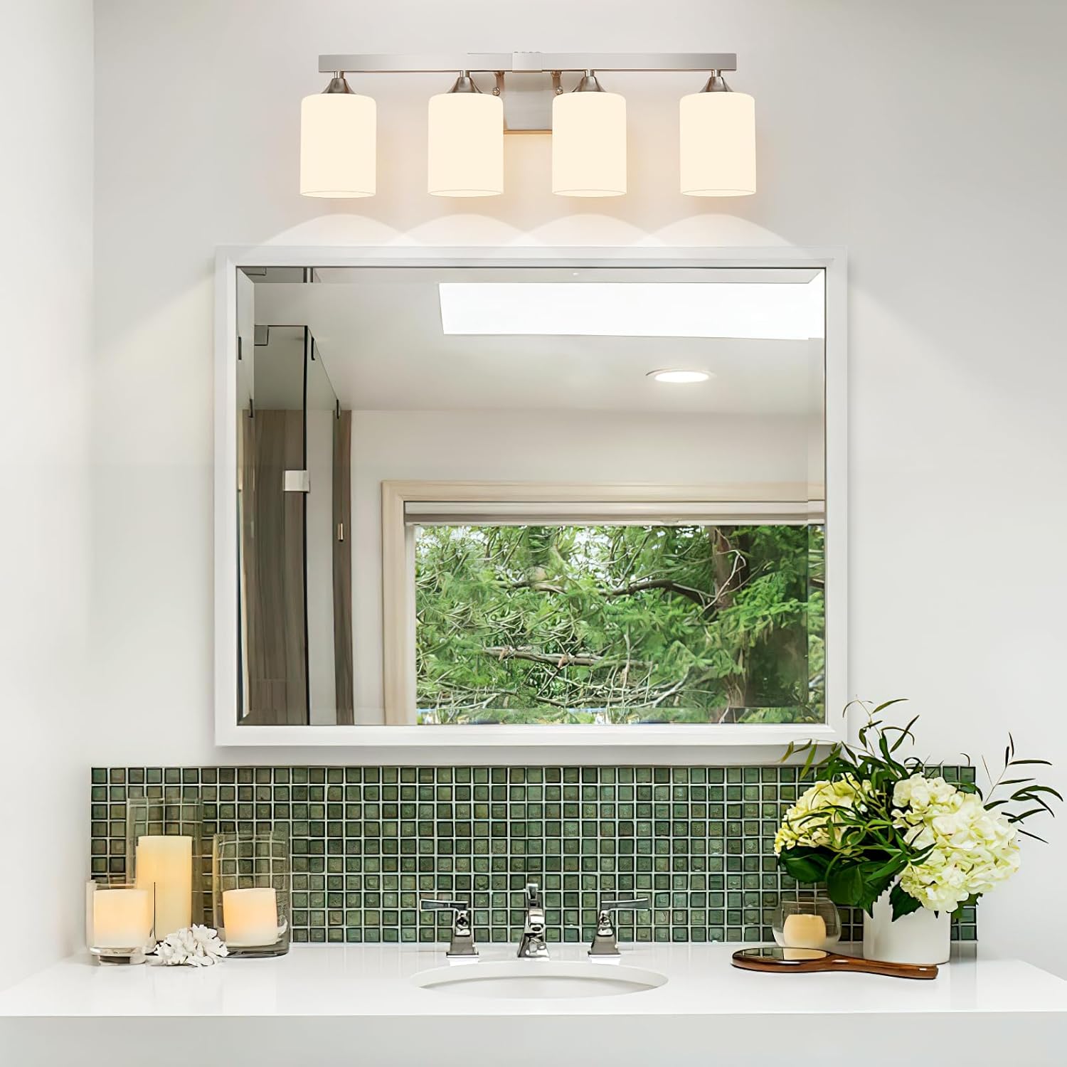 ZHU YAN Brushed Nickel Vanity Lights,4-Light Bathroom Light Fixtures,Milky White Glass Shades Wall Lamp,E26 Socket Vanity Lights Fixtures,Bathroom Lighting Fixtures Over Mirror