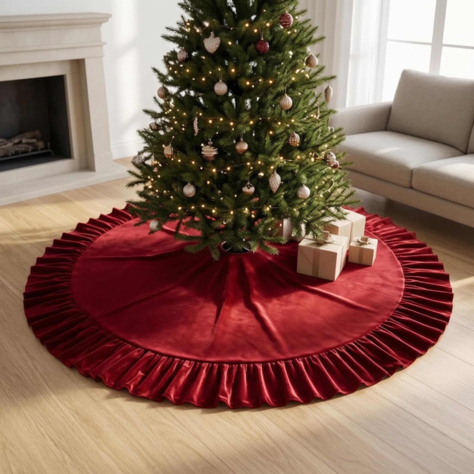 Tappeto per Albero di Natale Arricciato, 183 Cm, Stile Europeo, Design Plissettato, Colore Rosso Vino