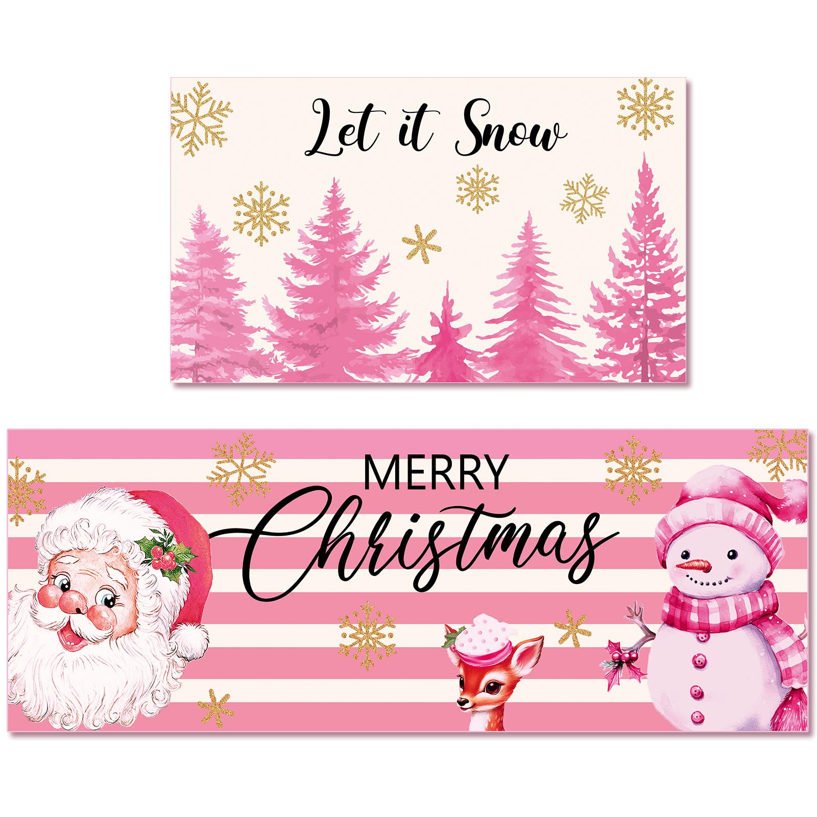 Pink Christmas Kitchen Rugs and Mats Sets of 2, Pink Santa Snowman Golden Snowflake Rugs Non Slip Washable, Merry Christmas Kitchen Decorations for Xmas Home Winter Decor,17x29 and 17x47 Inch