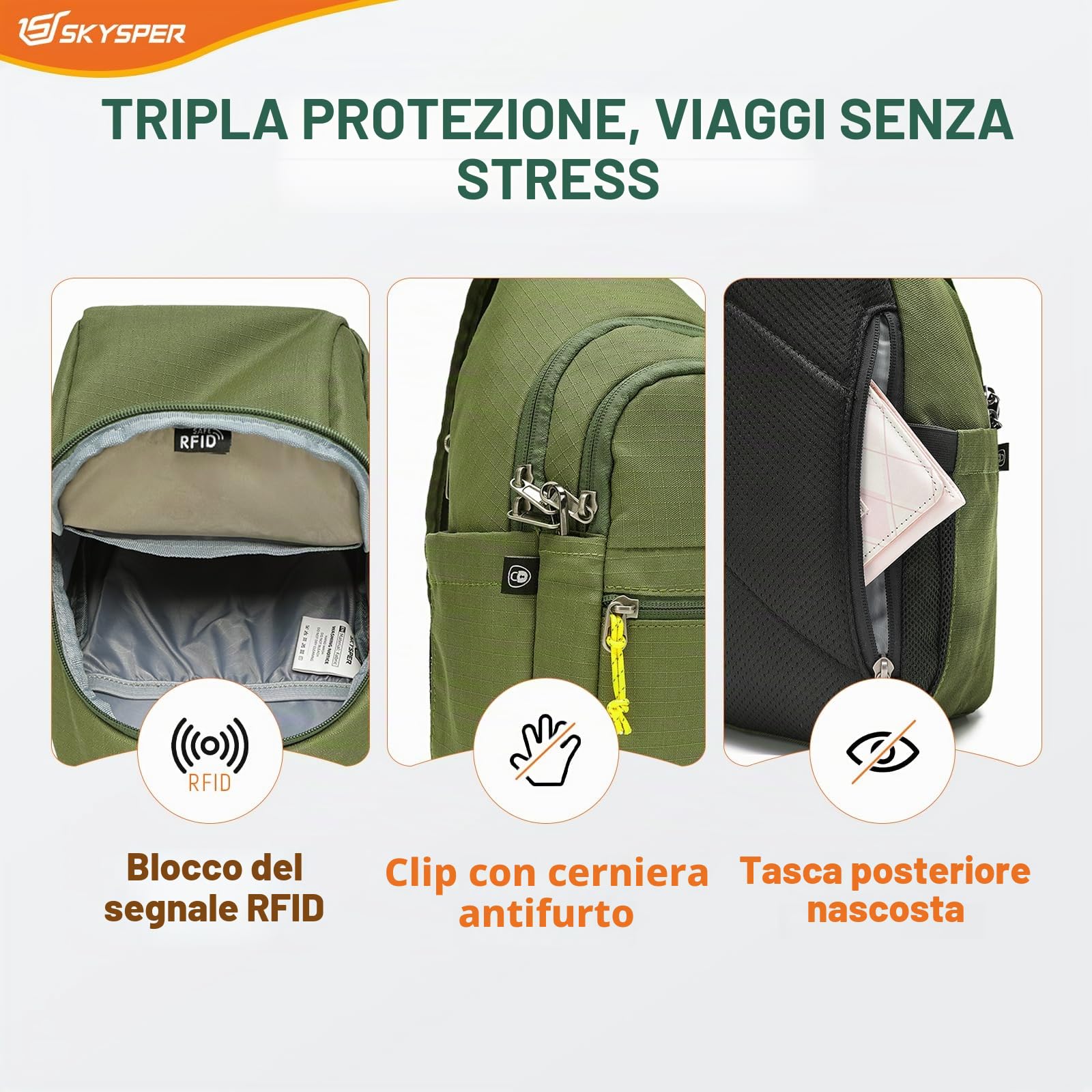 SKYSPER Zaino Monospalla Uomo Antifurto Borsa a Tracolla per Donna Uomo Piccolo Sling Bag Sportivo Crossbody Borsello Zaini da Viaggio Trekking