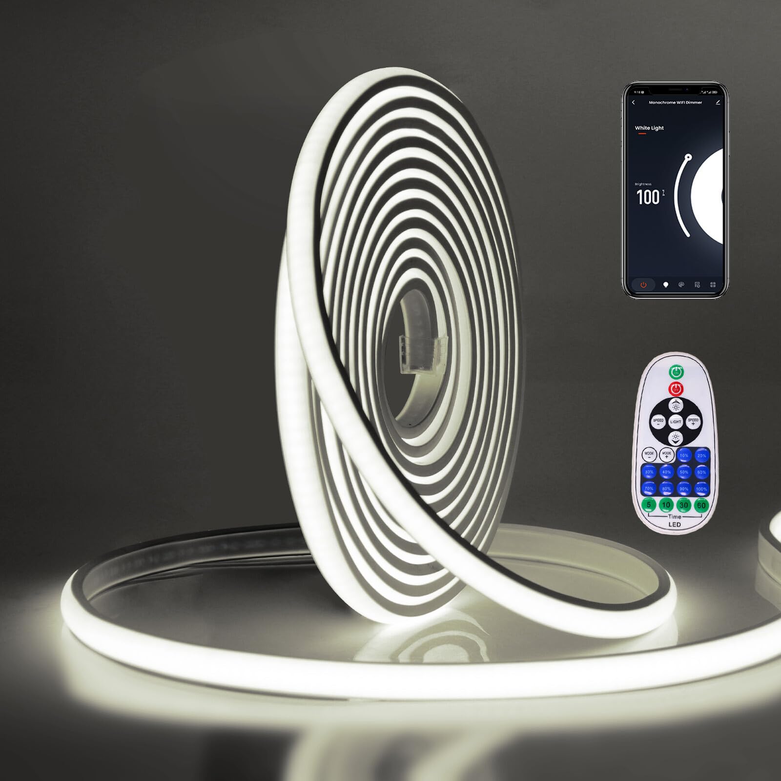 GQL Dimmable Flexible Silicone COB Neon Light, 288 LEDs/m, IP65 Waterproof LED Strip 220V with 23-Key IR Remote WiFi Contorller Tuya APP Work with Alex Google Assistant (2m, Cold White)