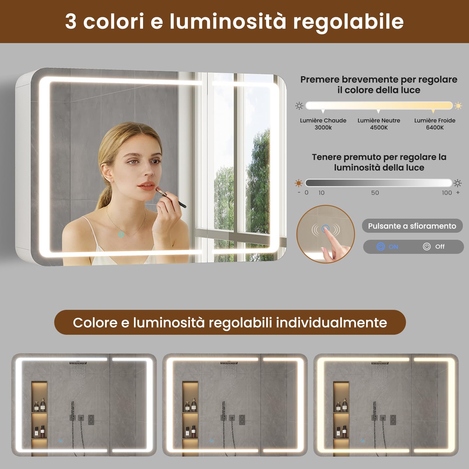 Specchio Bagno con Luce LED Regolabile, Specchio Bagno Contenitore 80x15x60 cm con Presa Elettrica, 2 Ante Specchiera Bagno con Ripiani Regolabili, Specchio Grande HD, Pulsante Touch, Bianco