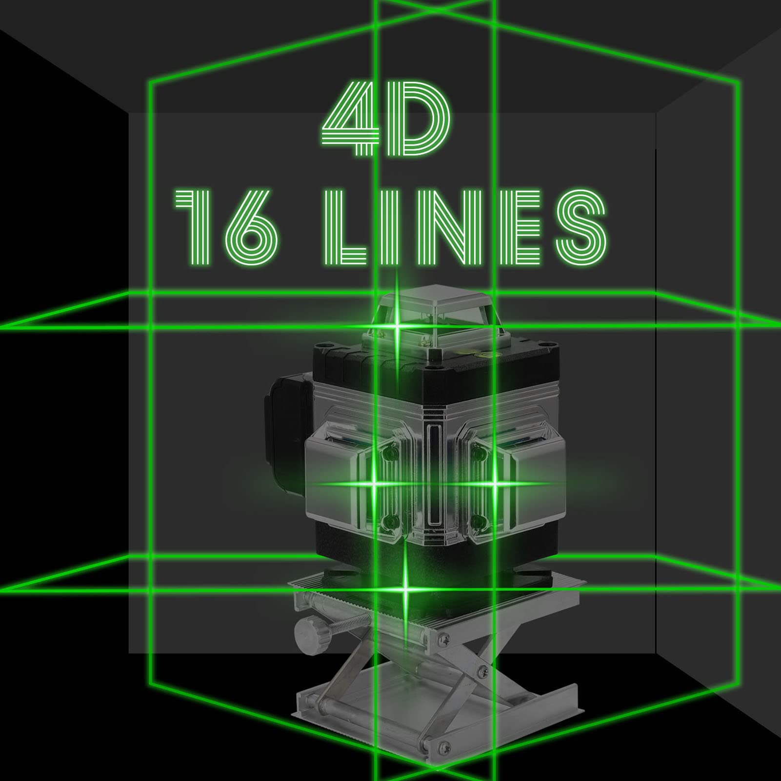 Niveau laser en 4 x 360° 4D 16 Lignes Auo-équilibrage du Niau Laser Vert Rotatif Outil de Niveau Vertical Horizontal avec d'auto-Nivellement IP54 Batteries Rechargeables