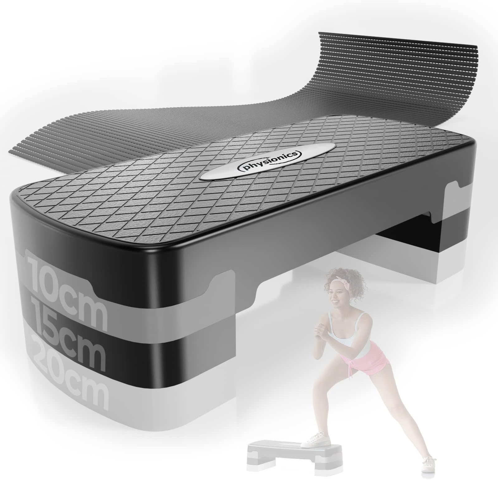 Aerobic Step - 2 Levels Height Adjustable (from 3.9 up to 5.9 in), Non Slip Rubber Surface, 200 kg Max - Fitness Stepper, Board, Platform