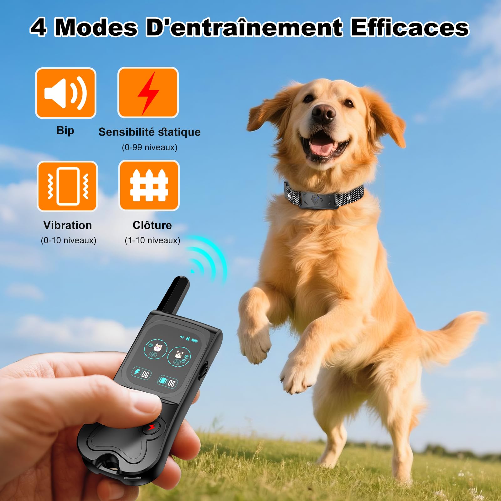 Collier de Dressage pour Chien, Collier Electrique pour IPX7 Résistant à L’Eau, 4 Modes de Dressage (Lumière, Bip, Vibration, Choc) avec Verrouillage de Sécurité, pour 1 Chien（Black）
