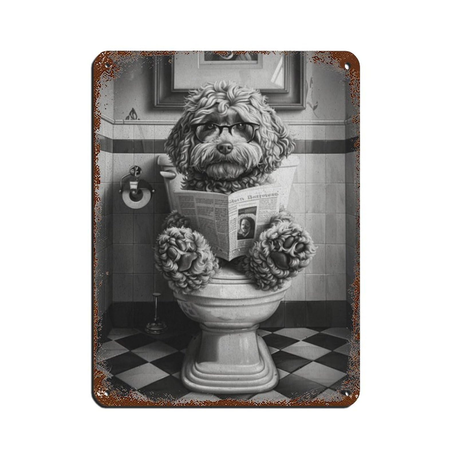 Cockapoo on The Toilet And Reading Newspaper Tin Sign Vintage Metal Pub Club Cafe Bar Home Wall Art Decoration Poster Retro 12x16inch(30x40cm)