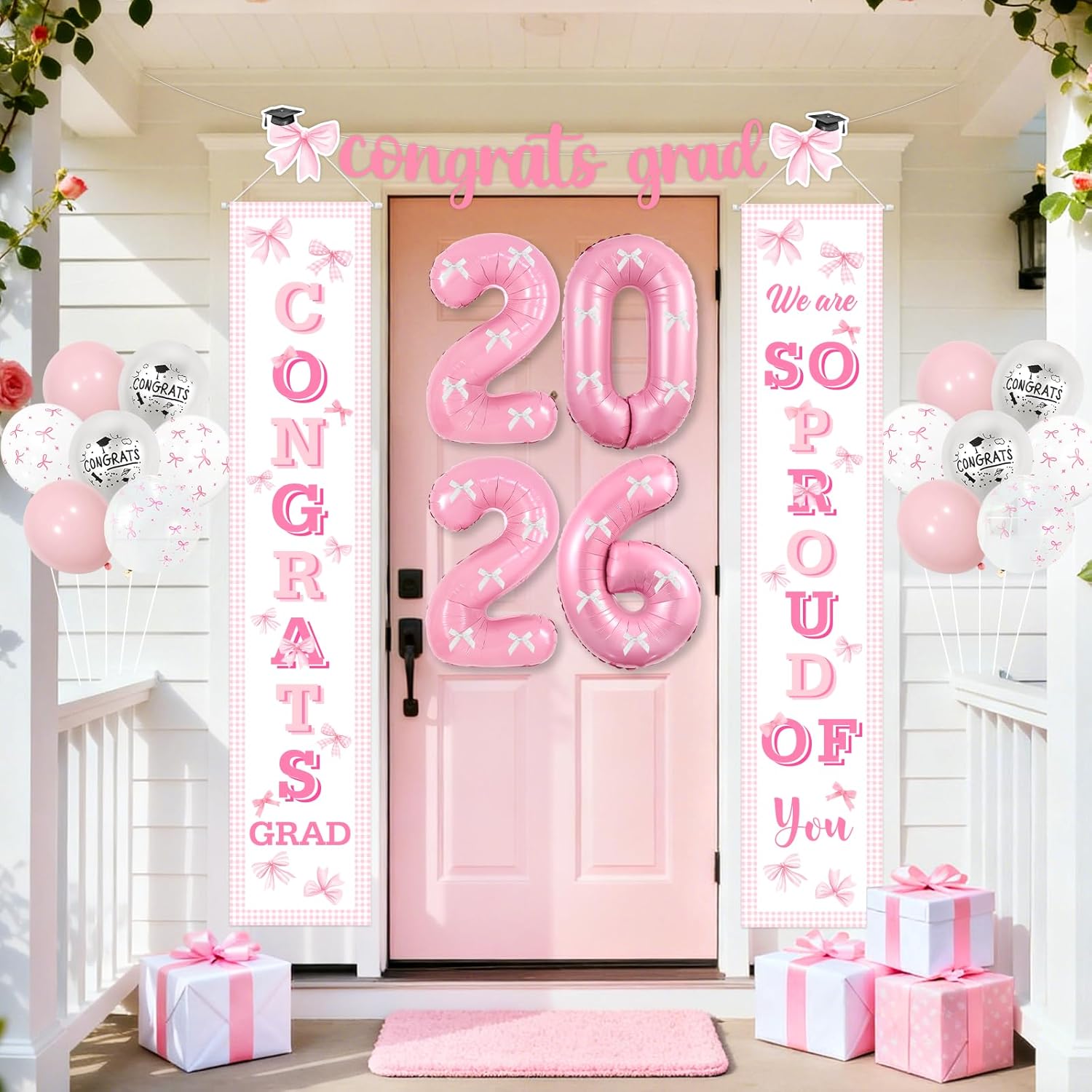 Bow Graduation Party Decorations 2026 Congrats Grad Backdrop, Banner, Class of 2026 Hanging Swirls Honeycomb Centerpieces,Balloons Congratulate Party Decor for 2026 Graduation Party Supplies - Image 4