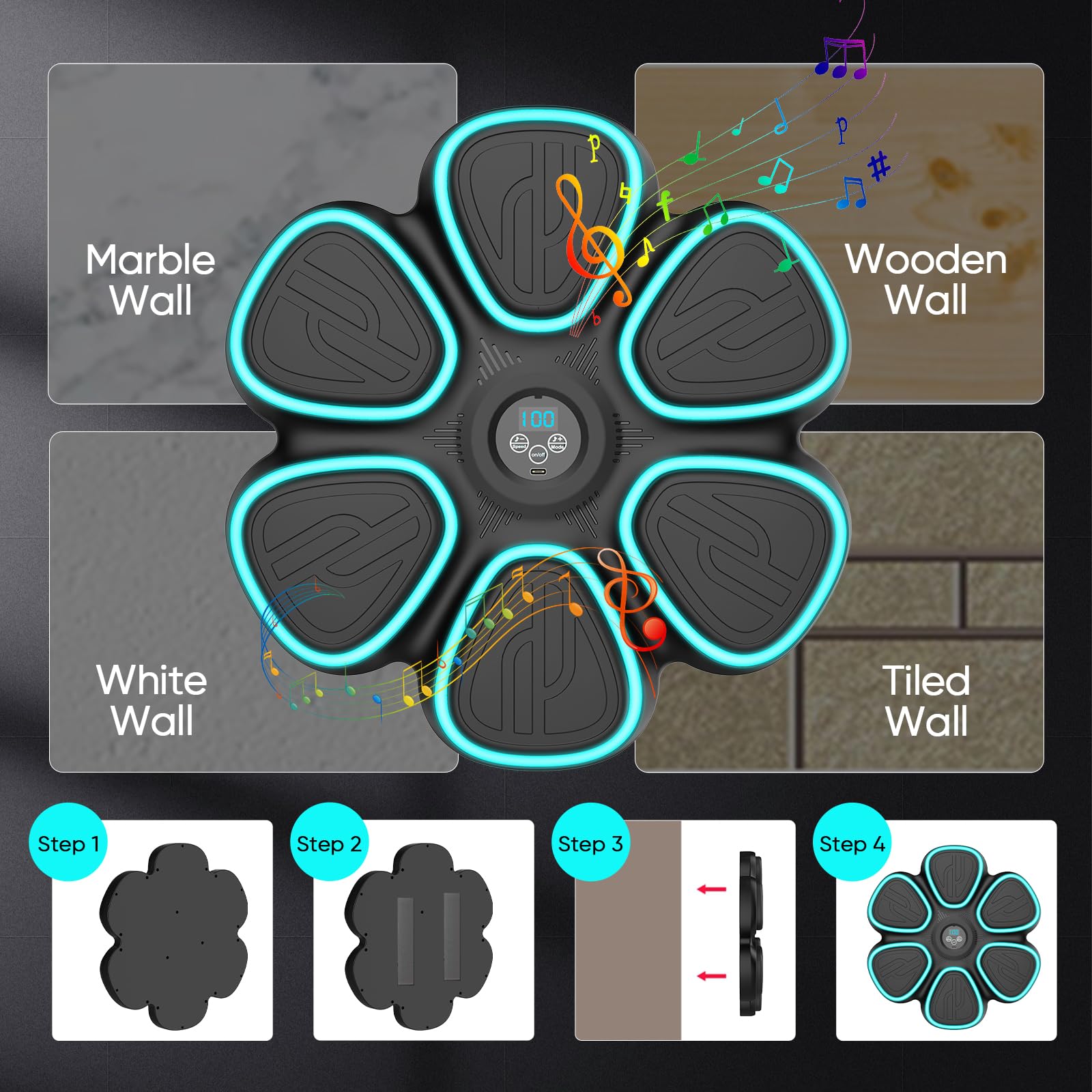 Music Boxing Machine, Bluetooth Elektronische Boxmaschine mit 2 Paar Boxhandschuhen, 9 Geschwindigkeits und Trainingsmodi, Zählmodus, LED Licht Musikboxing Maschine für Erwachsene und Kinder (Schwarz)