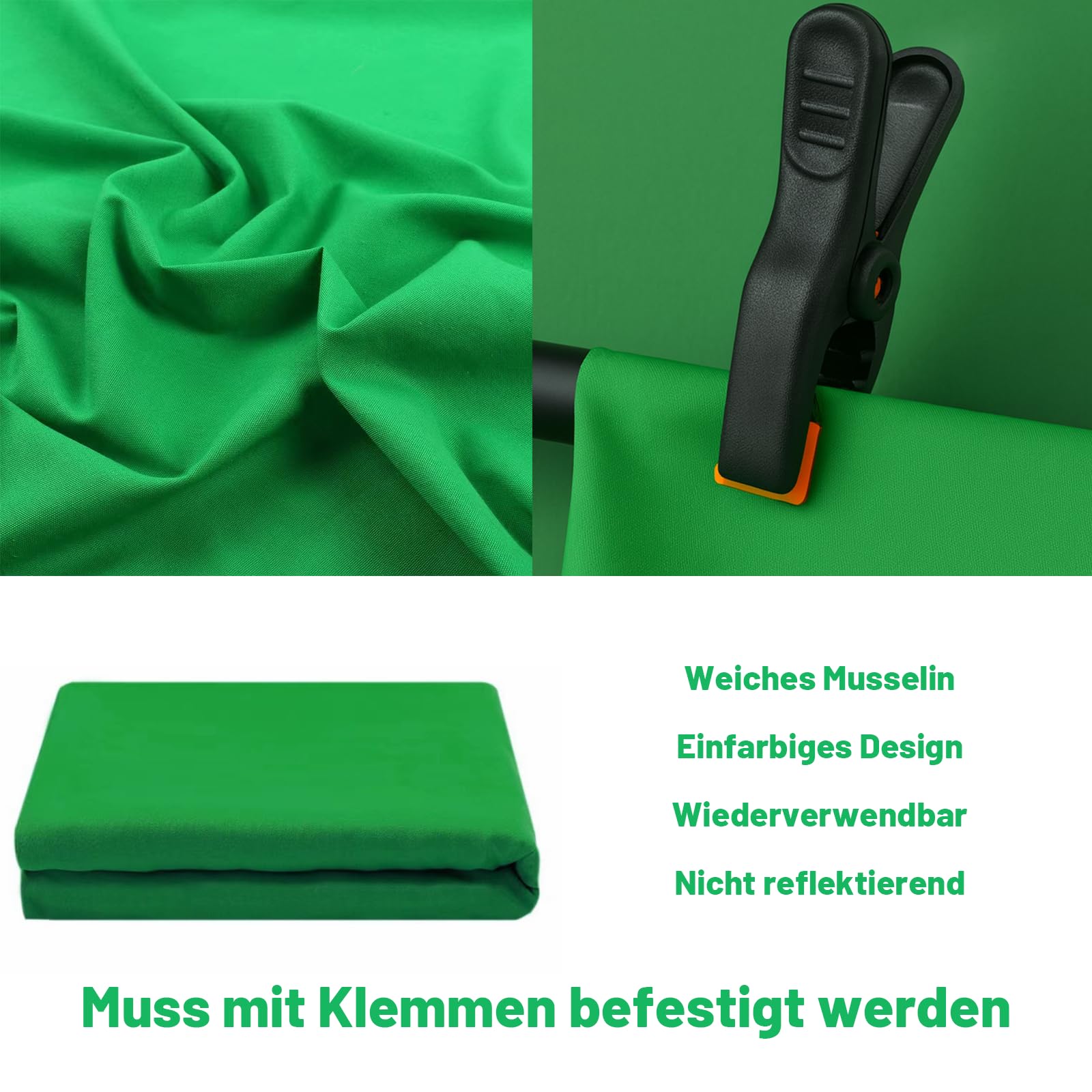 Greenscreen - Toile de fond pliable en mousseline pour photographie, principalement utilisée pour le keying chromatique et l'échange de arrière-plans virtuels, effet spécial (vert, 2 × 3 m)