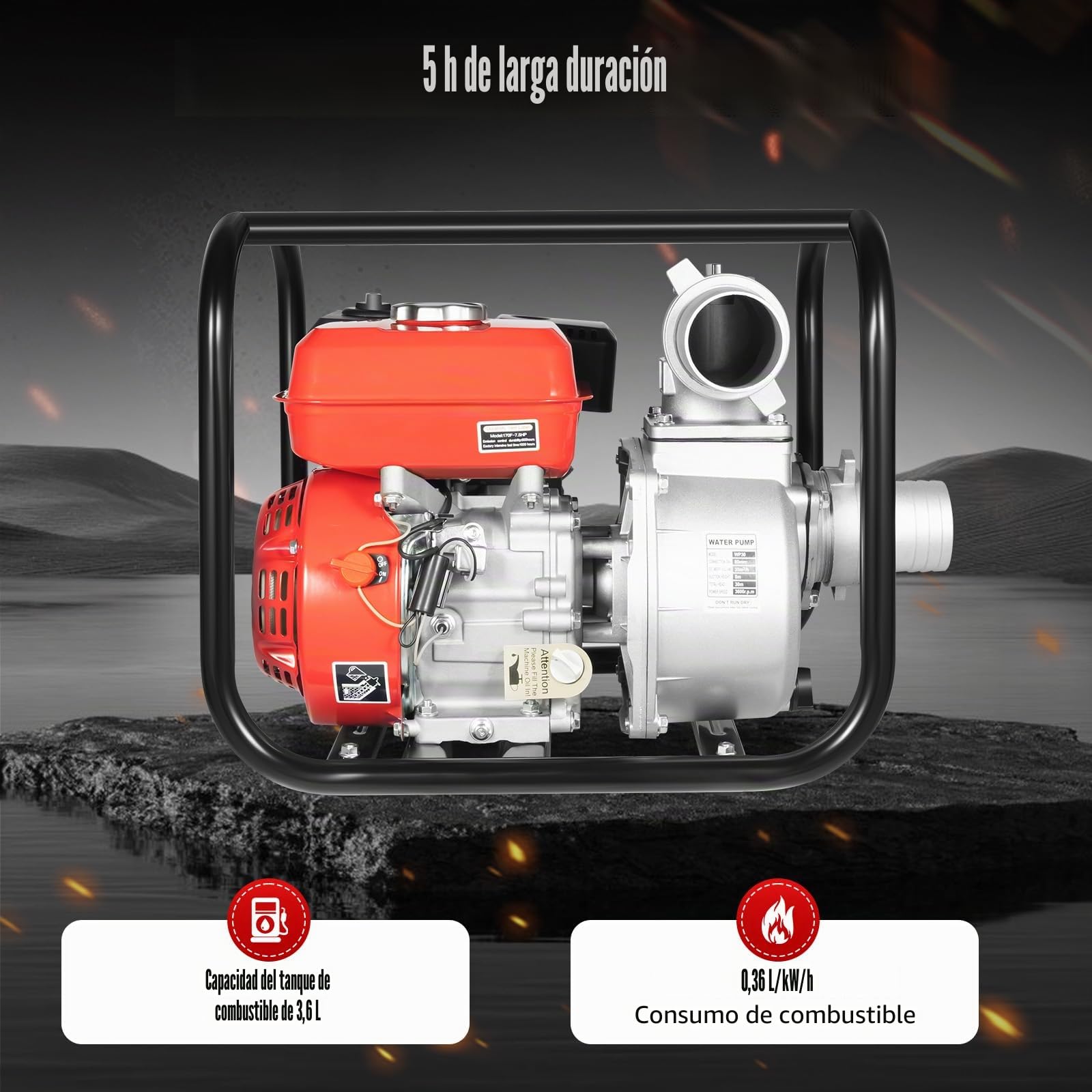 Bomba de agua de motor de gasolina de 7,5 CV, 4 tiempos, volumen de extracción, 35 m³/h, conexión de 3 pulgadas y altura de extracción de 30 m, bomba de agua sucia
