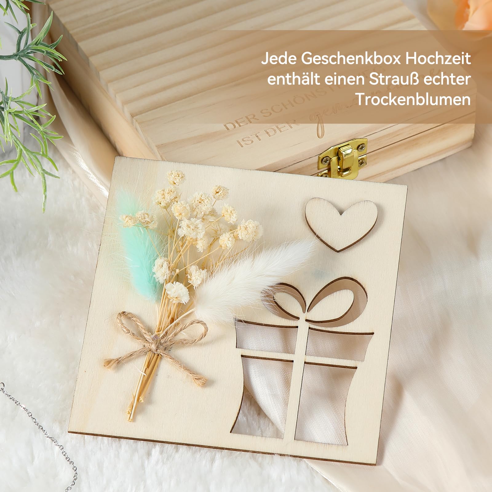 Geldgeschenk Hochzeit Holz, Geldgeschenke zur Hochzeit, Hochzeitsgeschenk Geld, mit Hochzeitskarte Trockenblumen, Hochzeitsgeschenke für Brautpaar, mit Herzförmiges Armband,14 x 14 x 3,5 cm