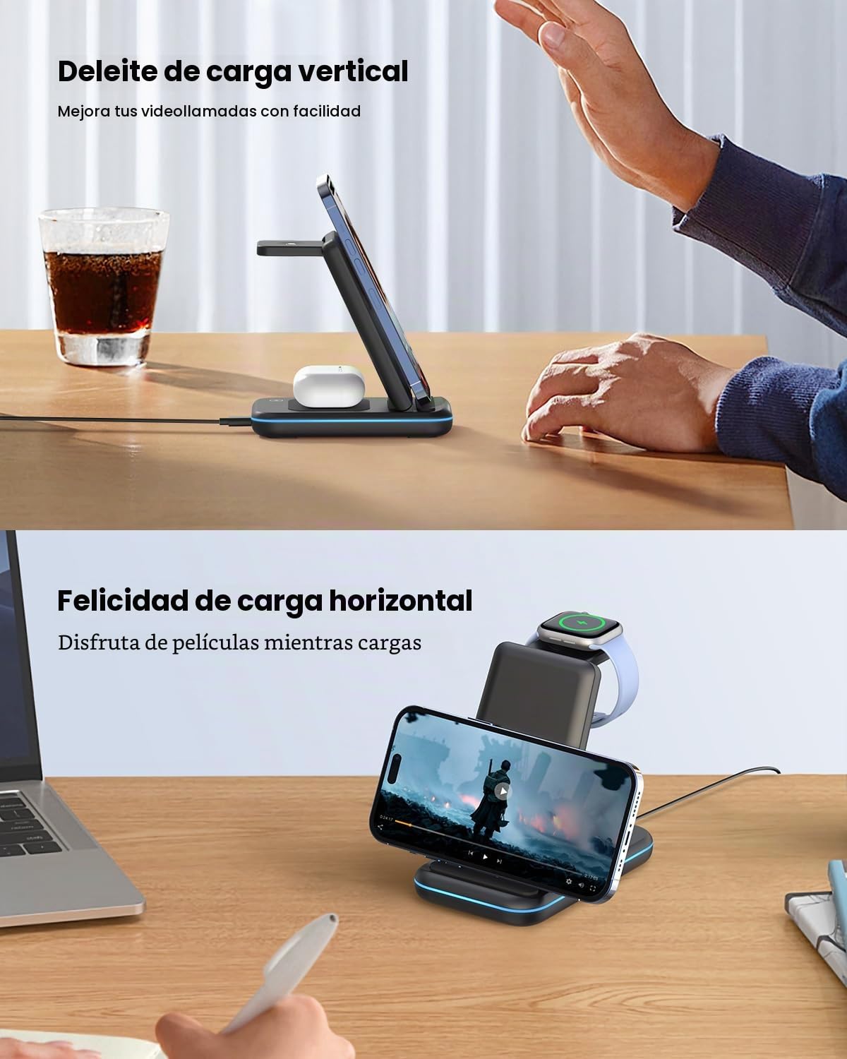 JoyGeek Cargador Inalámbrica, Plegable 3 en 1 Base Cargador para i Phone 17/16/15/14/13/12/Plus/Pro MAX, Estación de Carga para AppleWatch Ultra-2, Rapida Wireless Charger para AirPods 4/Pro/3/2-Negro
