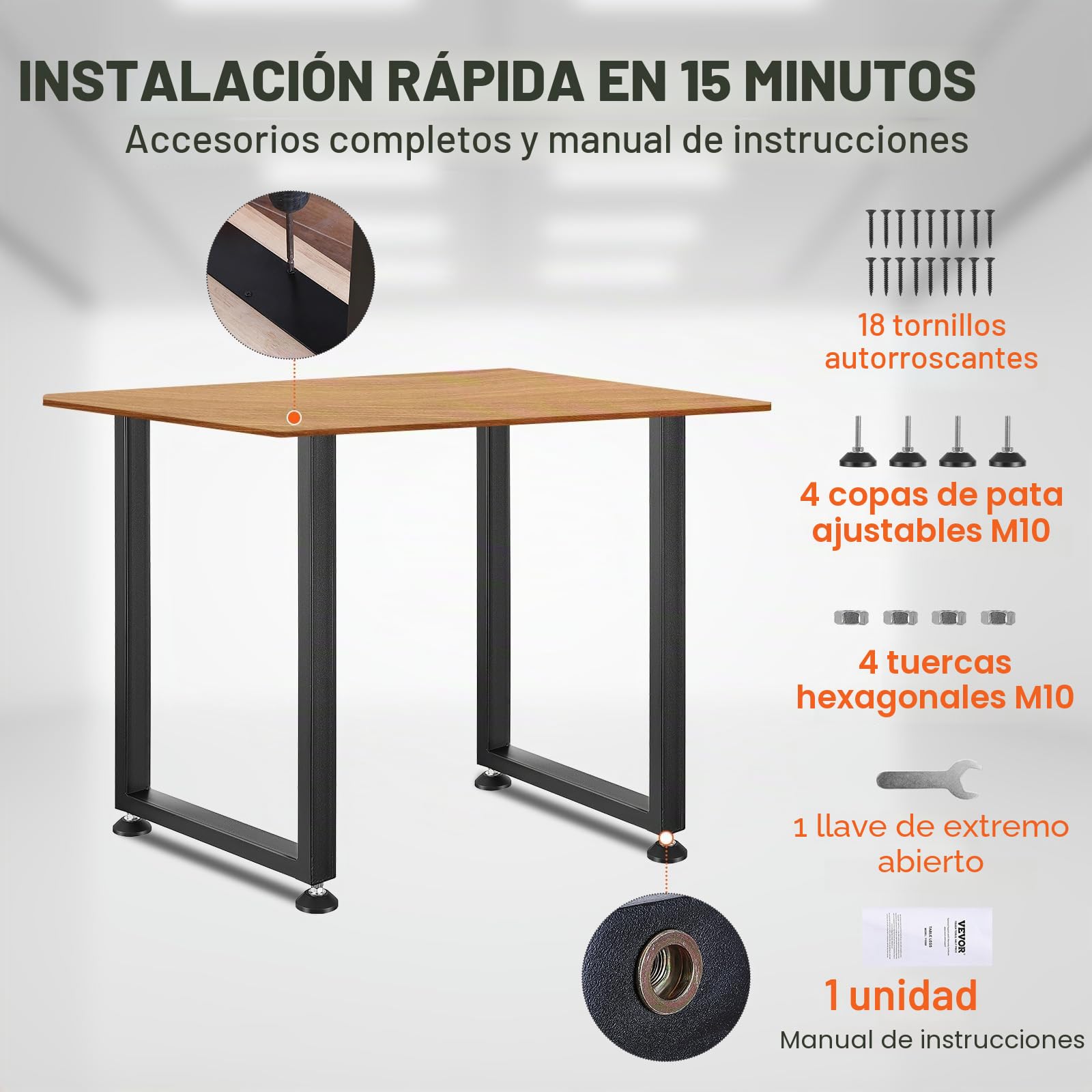 VEVOR Patas de Mesa 2 Piezas Patas de Escritorio Ajustables Cuadradas 711 mm Capacidad de Carga 454 kg de Acero Sólido Patas de Muebles con Muchos Accesorios para Hogar, Oficina, Comedor, Negro