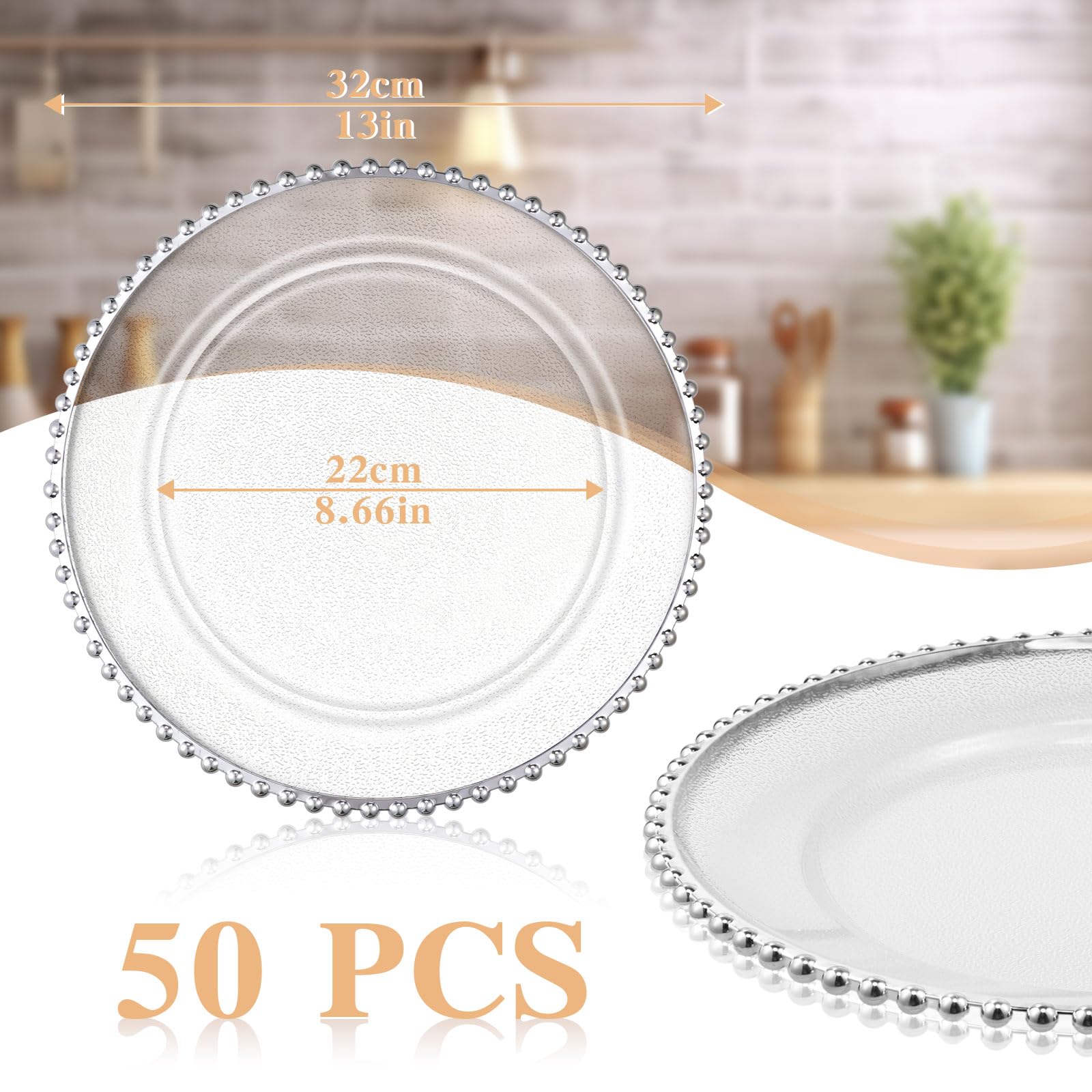 Hoolerry 50 Pack Clear Charger Plates Bulk 13 Inch Plastic Round Beaded Dinner Chargers Acrylic Frosted Grain Decorative Service Plates for Wedding Party Event, Home and Kitchen Tabletop (Silver)