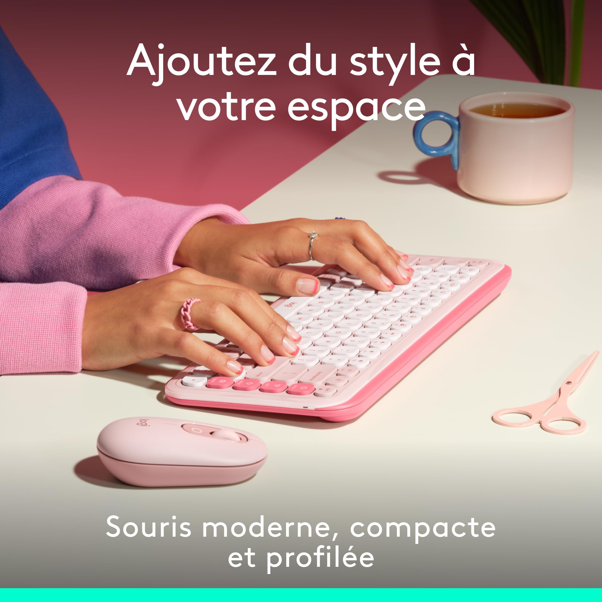 Logitech POP Mouse, souris Bluetooth sans fil compacte et portable avec boutons programmables et clics discrets, Easy-Switch entre 3 dispositifs, ordinateur portable, tablette, PC - Rose