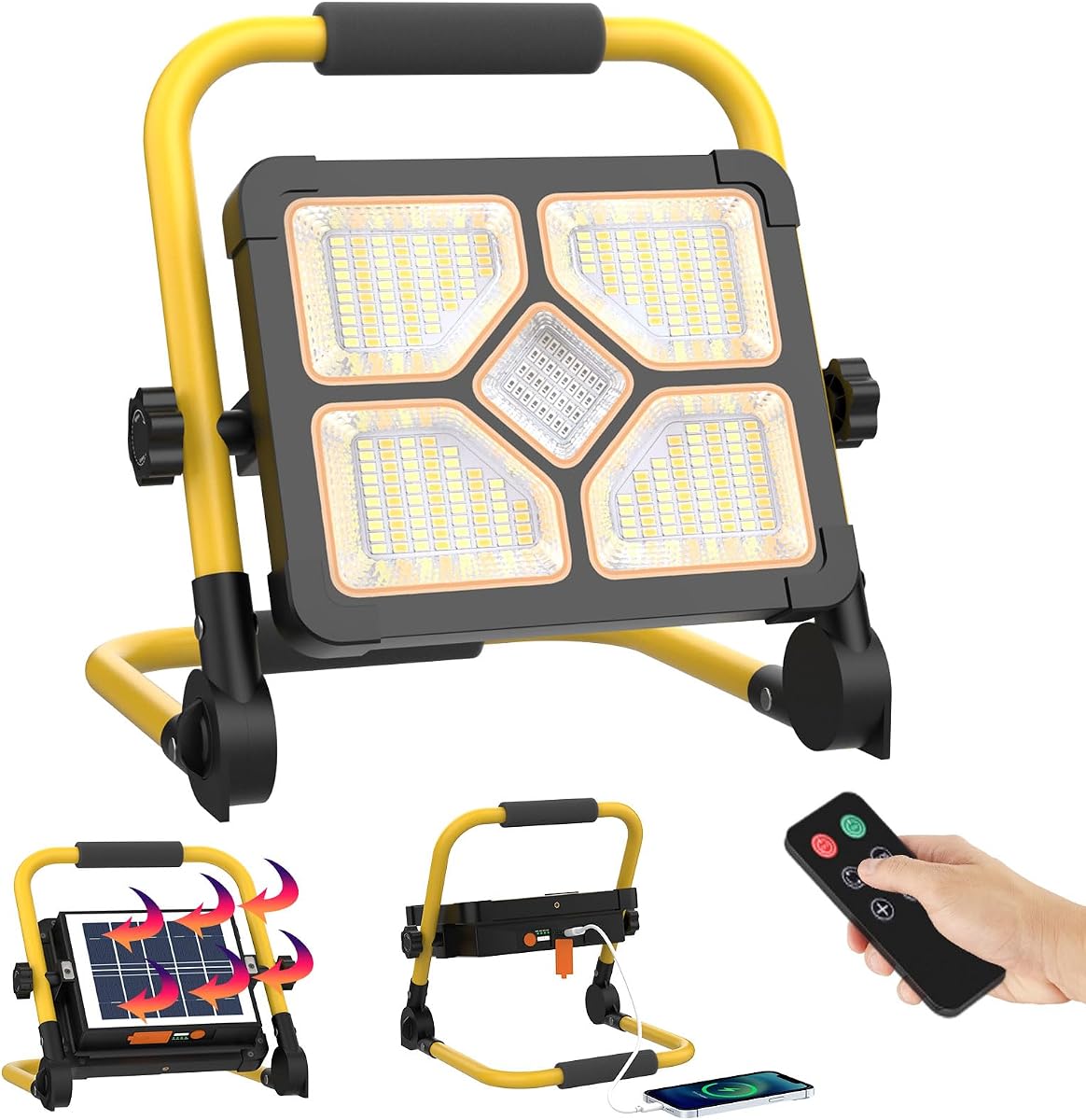 ERAY Luz de trabajo recargable con control remoto y soporte, batería de 15000 mAh, luz de trabajo de 10000 lm, luces solares portátiles para acampar, IP66, 4 modos de iluminación, luces de trabajo para reparación de automóviles de emergencia al aire libre
