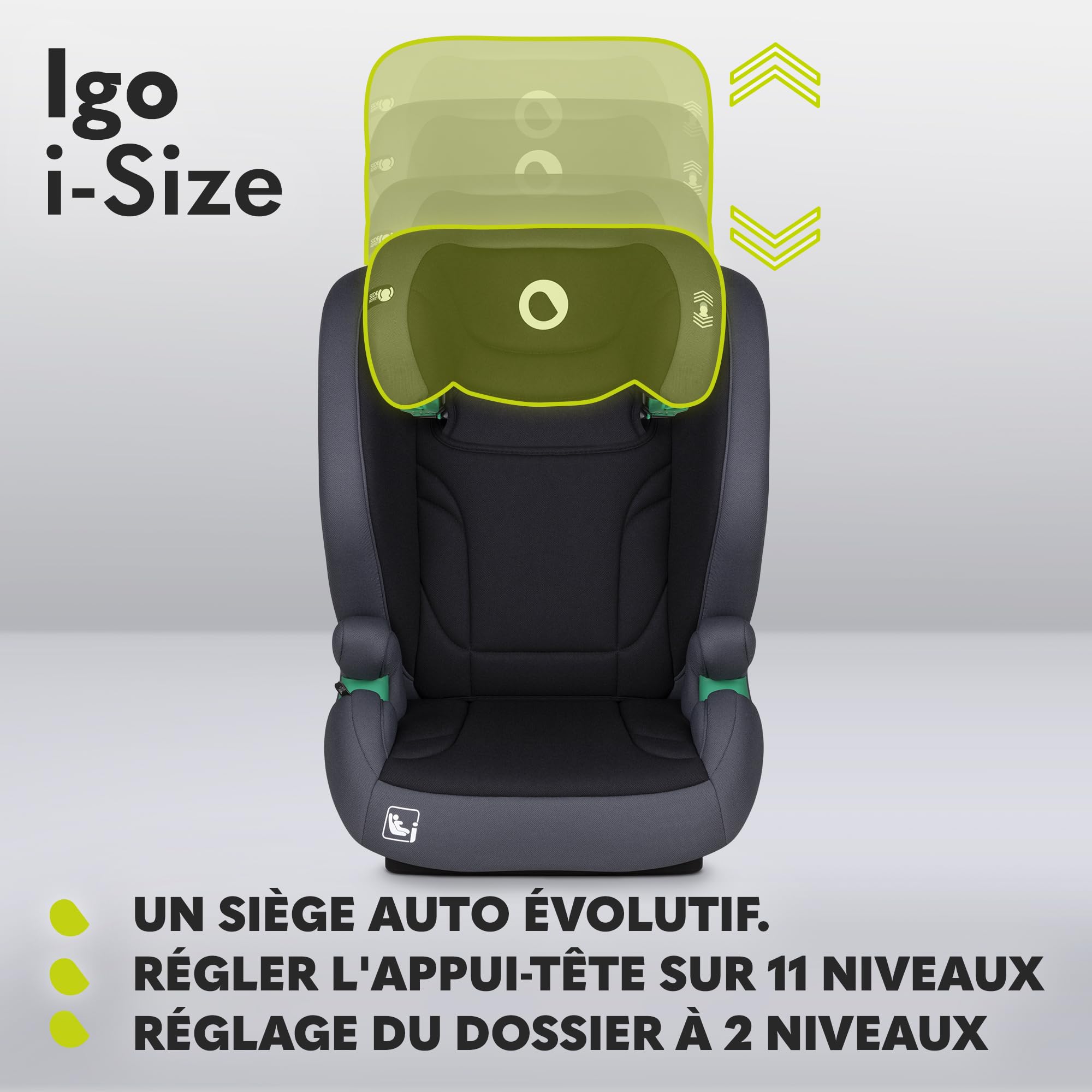 LIONELO IGO I-size Siège-auto pour enfants, groupe 2 3, de 100 à 150 cm ISOFIX ou fixation frontale sans ceinture, dossier et appui-tête réglables avec dossier amovible (Grey)