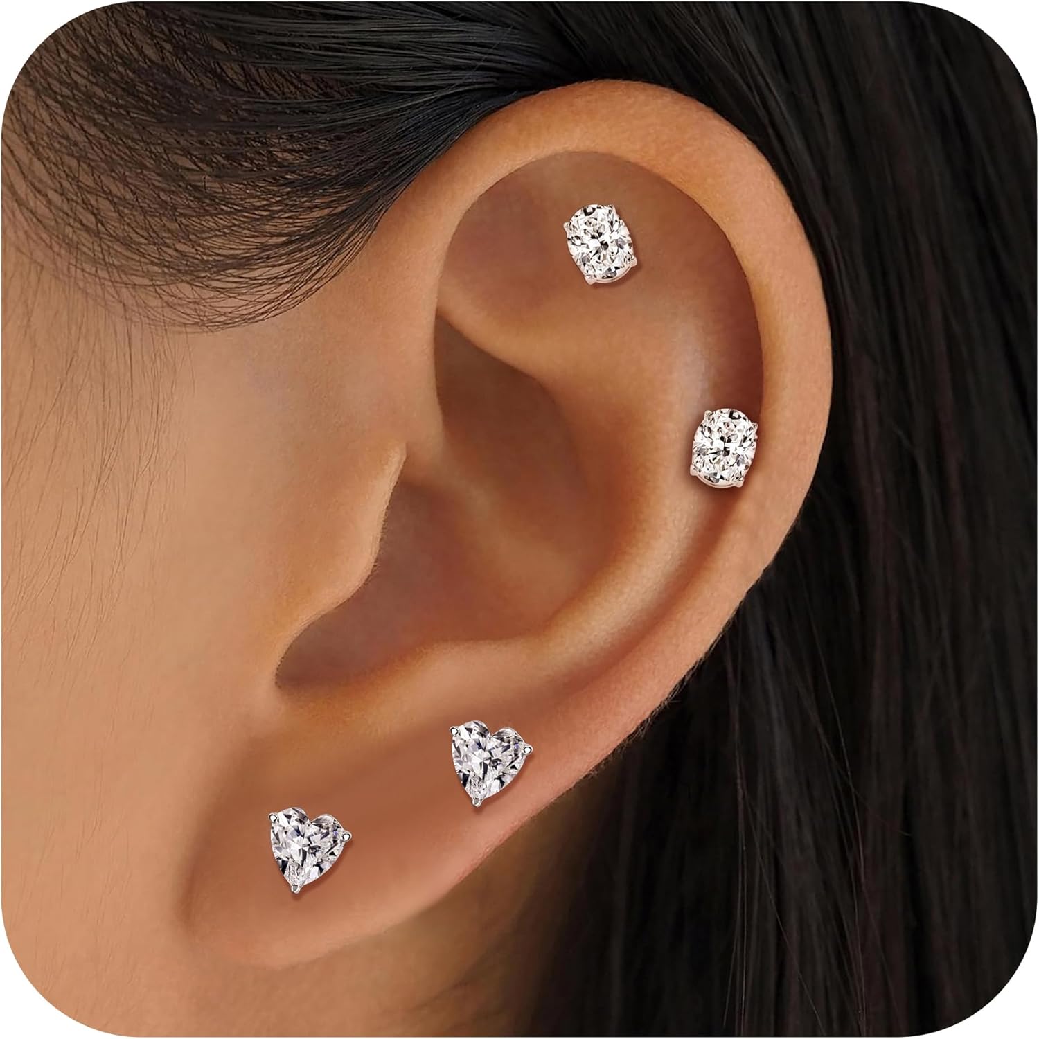 Gemsme 316L Stainless Steel earrings - 2 Pairs Flat Back Heart and Oval Cut Cubic Zirconia Hypoallergenic Studs Earrings for Women Men - Image 5