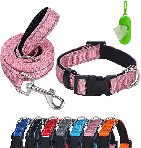 Juego de collar y correa reflectante para perro con bolsas y dispensador de excrementos, collares de nailon ajustables para perros pequeños,