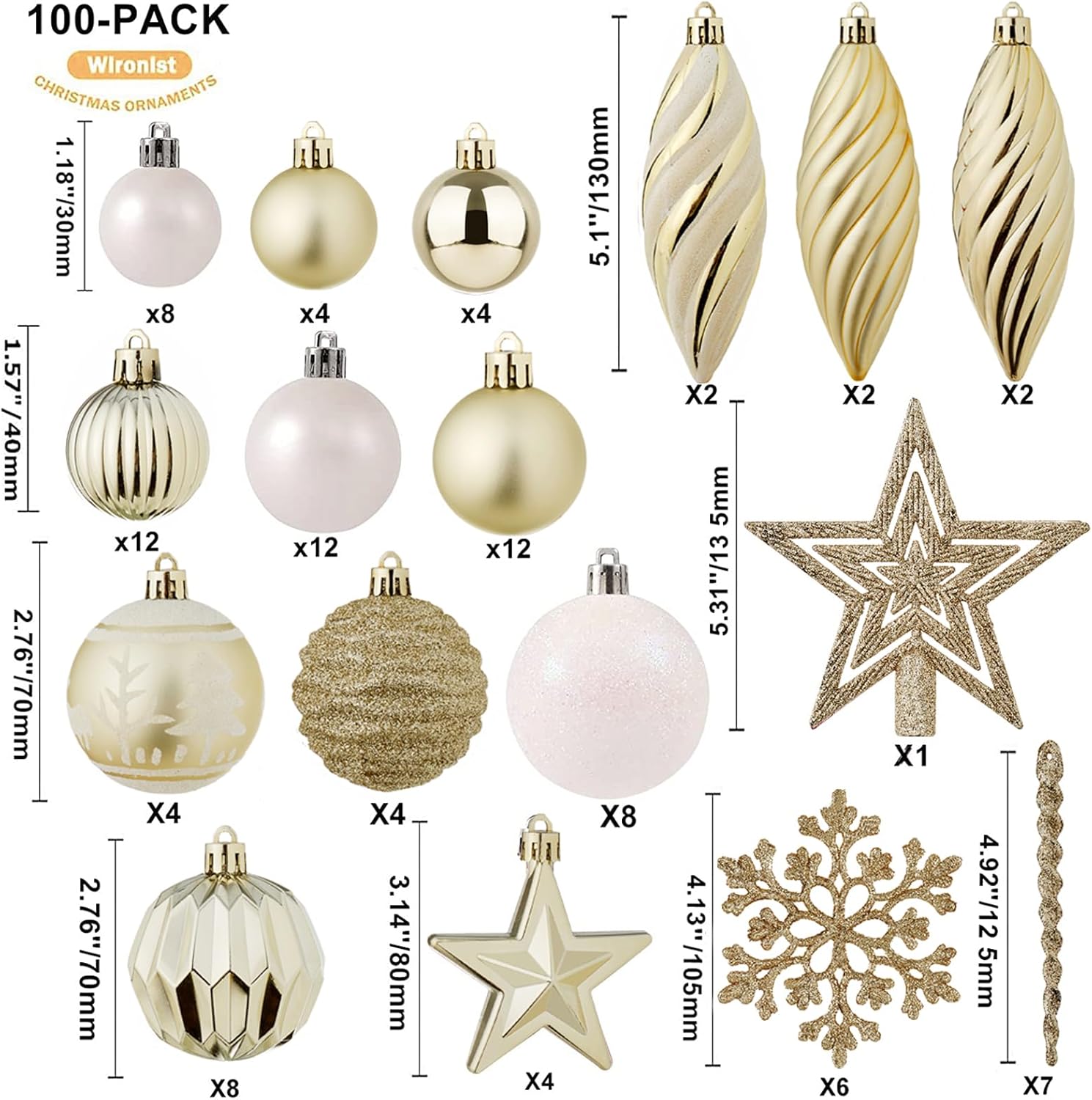 100ct Christmas Ball Ornaments Set - Assorted Shatterproof Hanging Tree Ornament Set with Reusable Hand-held Gift Package for Xmas Tree Holiday Party and Home Decor (Champagne)