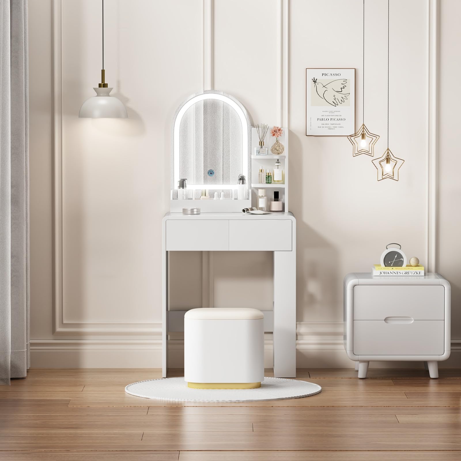 Vanity Table for Girls, Compact Vanity Desk with Side Shelf Storage Space, Dressing Table in Bedroom, Modern Round Curved Design, White