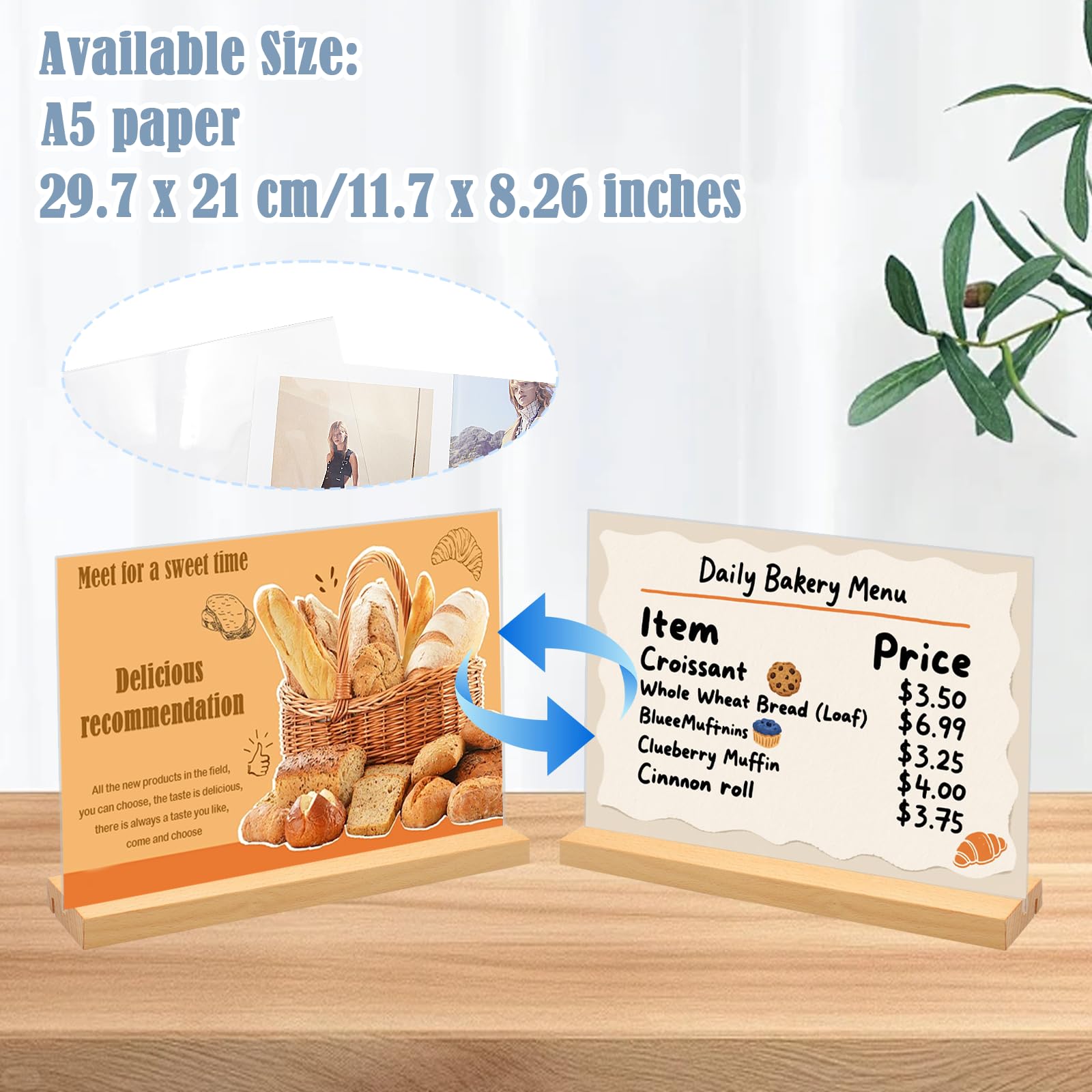 3 Pièces Présentoirs de Table A4, A4 Horizontaux Acrylique Double Face Porte Menu, Forme L/T Support Affiche Plaque avec Pied en Bois, Support de Table pour Exposition Café Bureau-297 x 210 mm