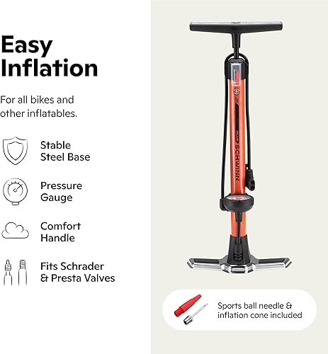 Miniatura 2 de Schwinn Serie Air Center o bomba de piso básica, para una gama de bicicletas, 100, 120 o 160 PSI, mango de agarre suave, cabezal doble para válvulas