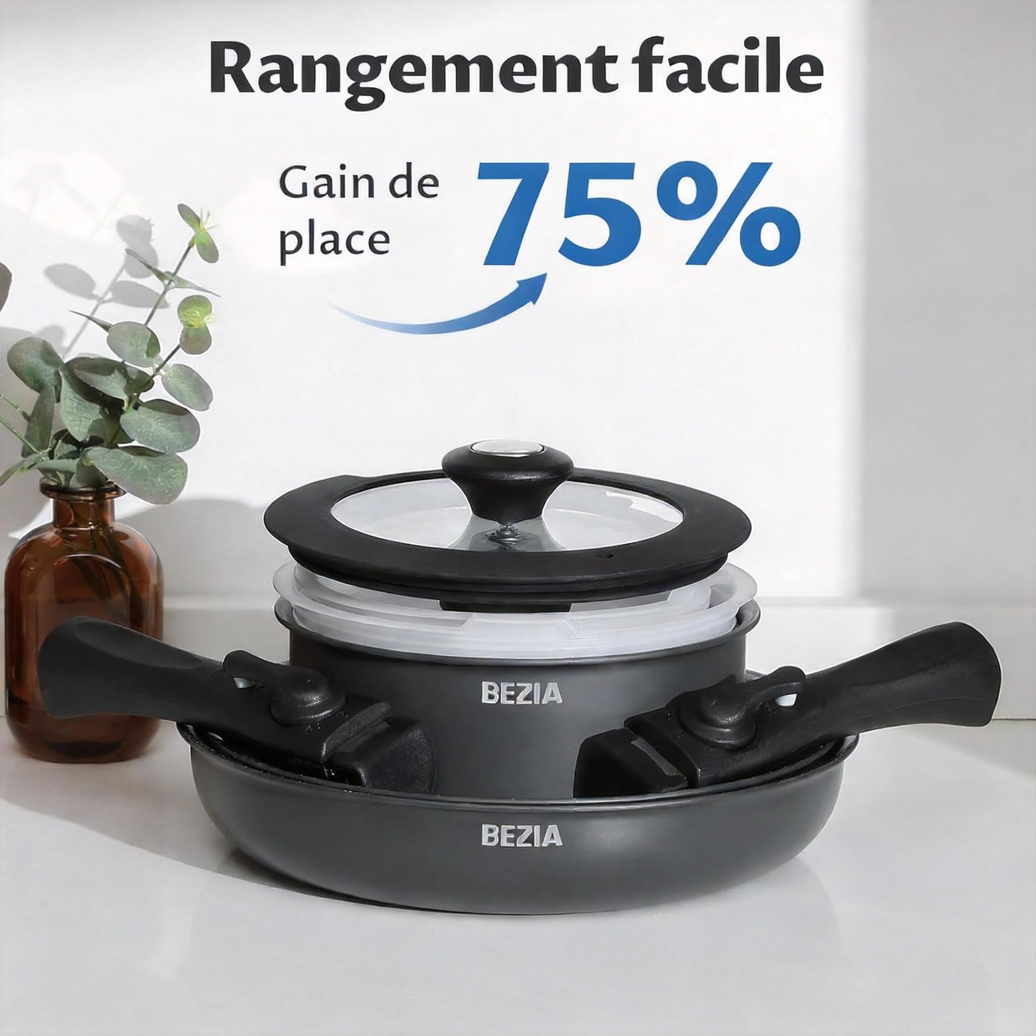 BEZIA Batterie de Cuisine Induction, 10 Pièces Set de Casseroles et Poêles | Revêtement Antiadhésif Sans PFOA, Non Toxique, Compatible Induction, Poignées Amovibles, Empilable, Pour le Camping