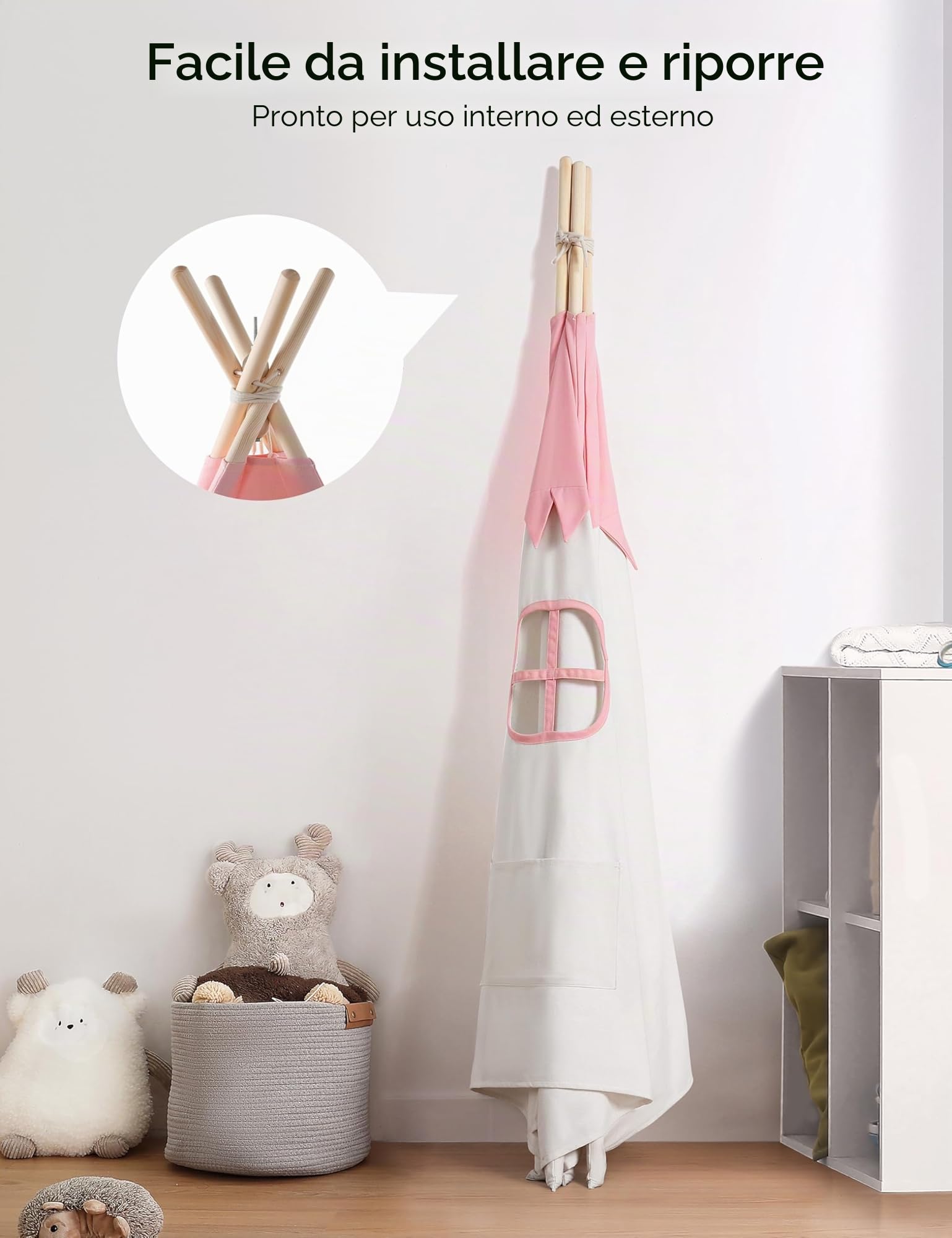 besrey Tenda per Bambini da Gioco in Tela Indiana Teepee in Cotone con Tappetino Imbottito e Luci Fatate (Rosa e bianco)