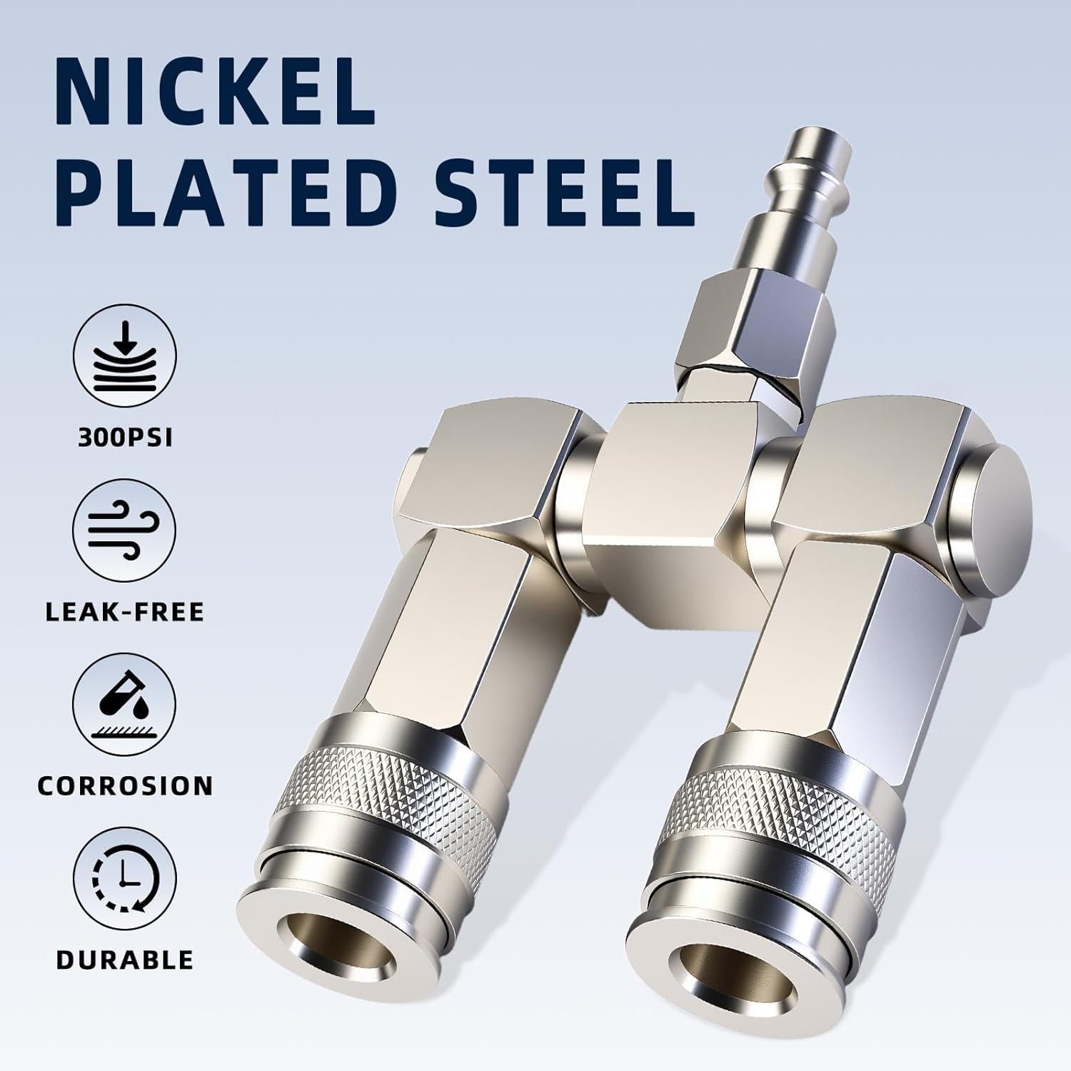 2-Way Air Hose Splitter with 2x 1/4 Inch NPT Male Quick Connect Adapters, 1/4" NPT 360° Swivel Air Compressor Manifold, Nickel-Plated Steel Fitting Kit (2 Universal Couplers + 1 I/M Plug) - 300 PSI