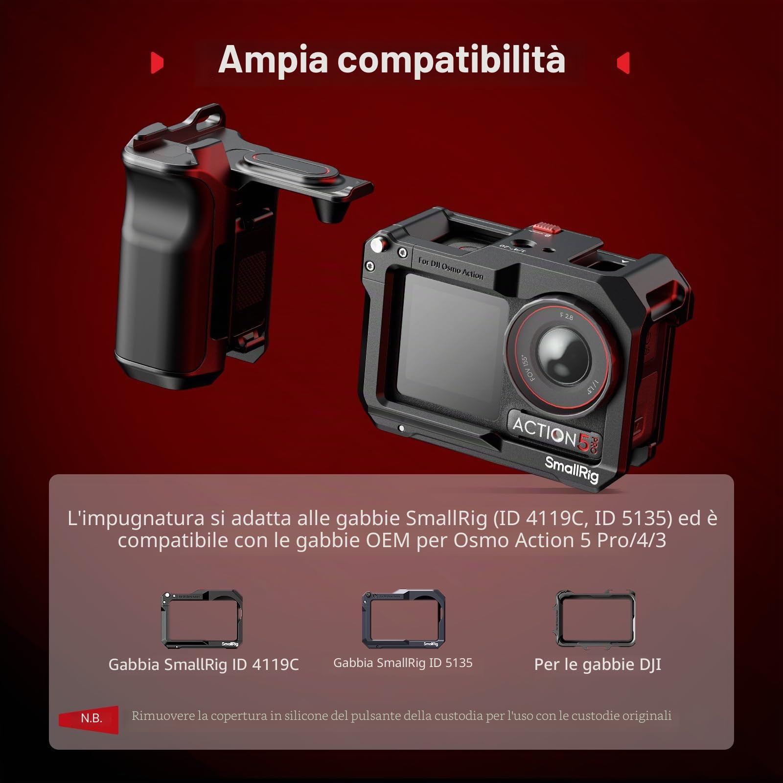 SmallRig Kit impugnatura per DJI Osmo Action 5 Pro / 4/3 con gabbia, impugnatura per fotografia di strada, sgancio rapido, pulsante di scatto, attacco a slitta, cinturino da polso - 5602